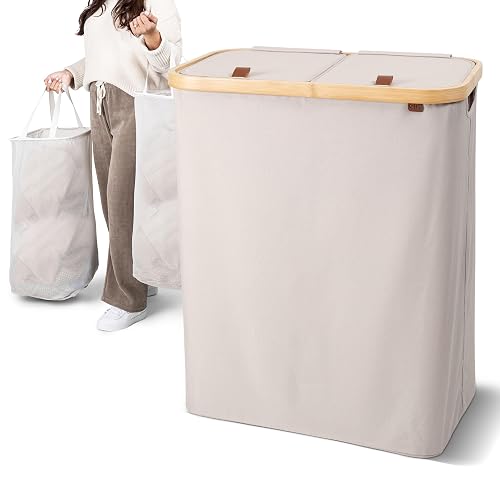 CleverMade Lidded Double Laundry Hamper LUXE, 145L Lidded Hamper, Cream