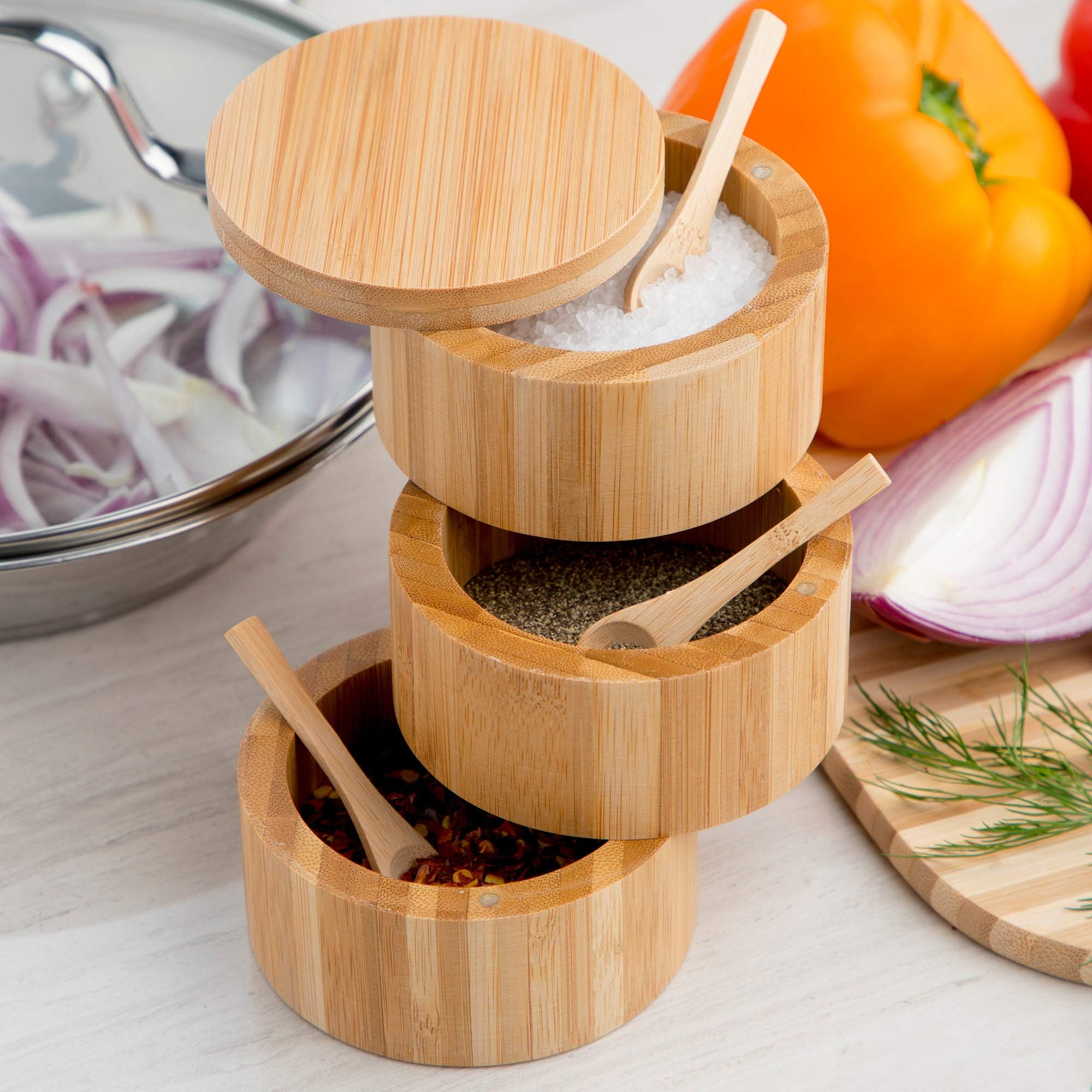 Bamboo Salt Box, Triple-Tier, with Swivel Lids and 3 Spoons for Pepper, Spices, Herbs, Seasoning - Stylish Wooden Salt Boxes with Multi-Compartments for Kitchen, Home - Natural, Eco-Friendly