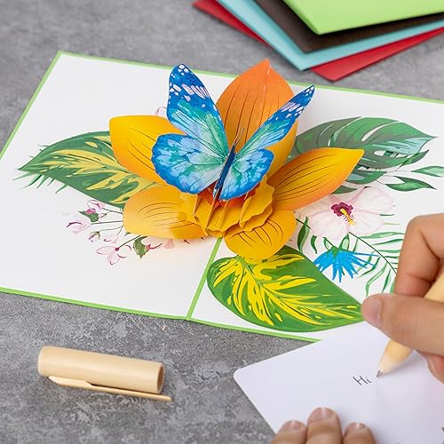 Miniatura 2 de Tarjeta desplegable 3D de felicitación, colección de animales y flores (mariposa azul con flor)