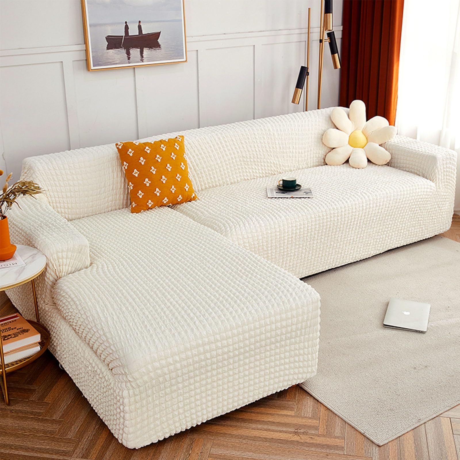 Copridivano Angolare Con Penisola Elasticizzato,Copridivano Angolare A Sinistra/Destra Universale 3/4/2posti,Fodere Divano Forma Di L Chaise Longue Sofa Cover 1 Pezzo(Milk white,235cm-300cm)