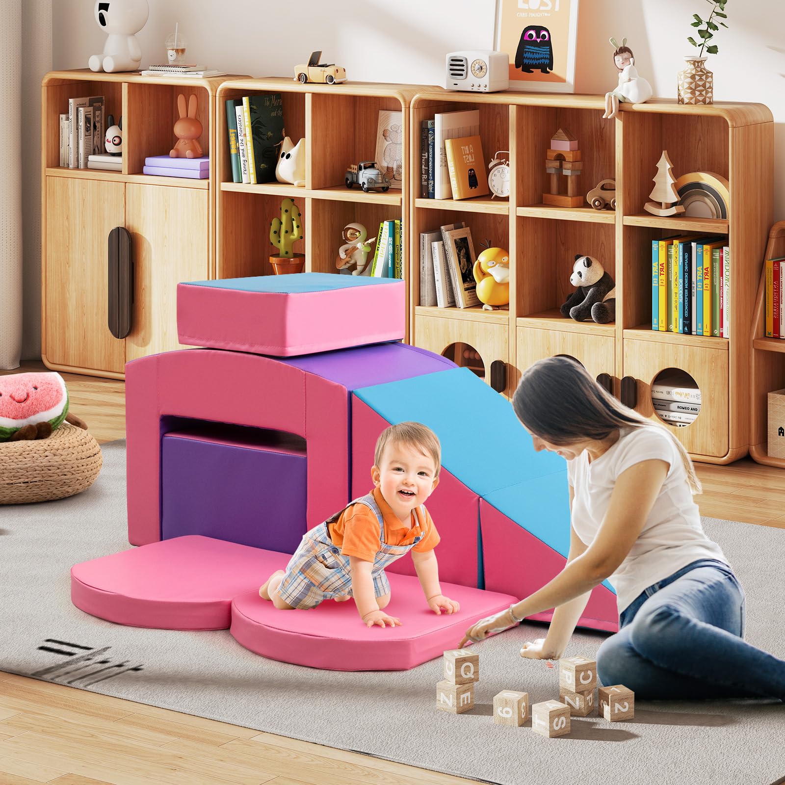 COSTWAY 7 TLG. Schaumstoffbausteine, Softbausteine mit Tunne, Treppe & Rampe, EN71-zertifiziert, Riesenbausteine zum Klettern & Toben, Großbausteine aus Schaumstoff Indoor für Kinder (Lila+Rosa)