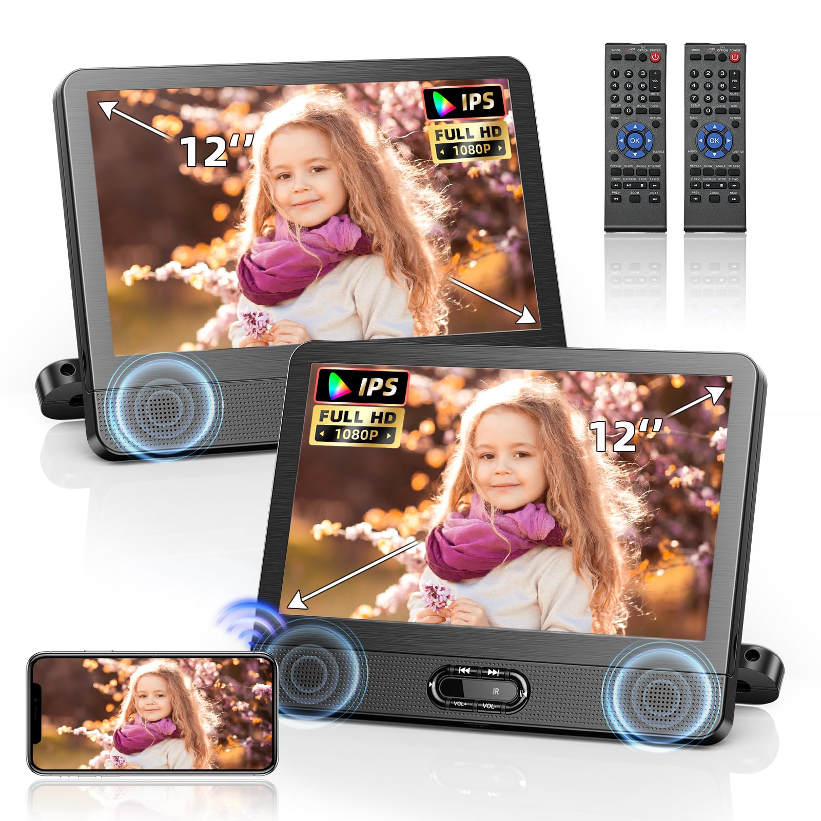 Arafuna Lecteur DVD Portable Voiture Double Écran 12 Pouces, Écran HD IPS 178°, HDMI pour Console de Jeux, Miroir Sans Fil, Lecture Simultanée sur Deux Écrans, AV Out, USB/Carte TF, Mémoire de Reprise