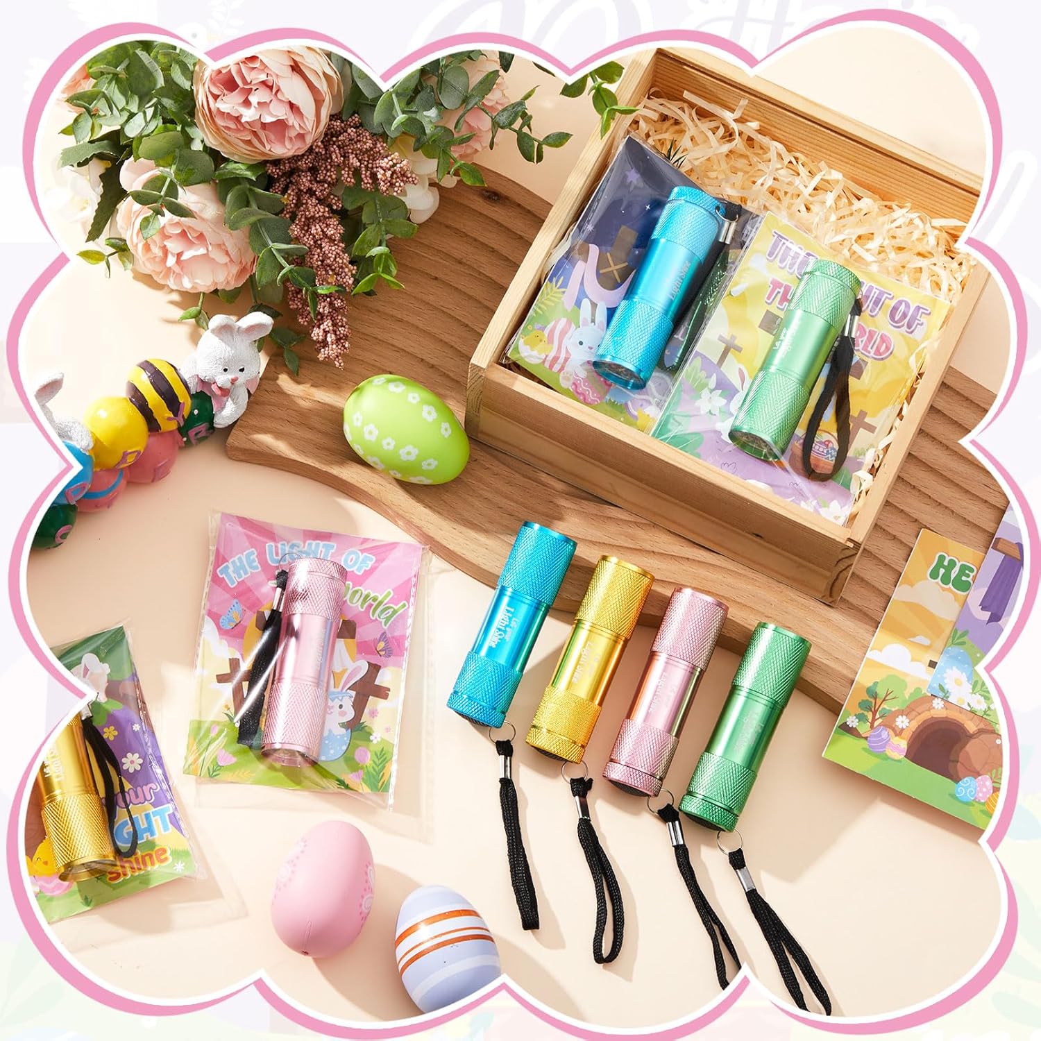 Hortsun 24 Pcs Easter Mini Flashlight Gift Set Let Your Light Shine Flashlight Church and Religious Gifts, Includes a Easter Card and Thank You Bag, Not Include Batteries