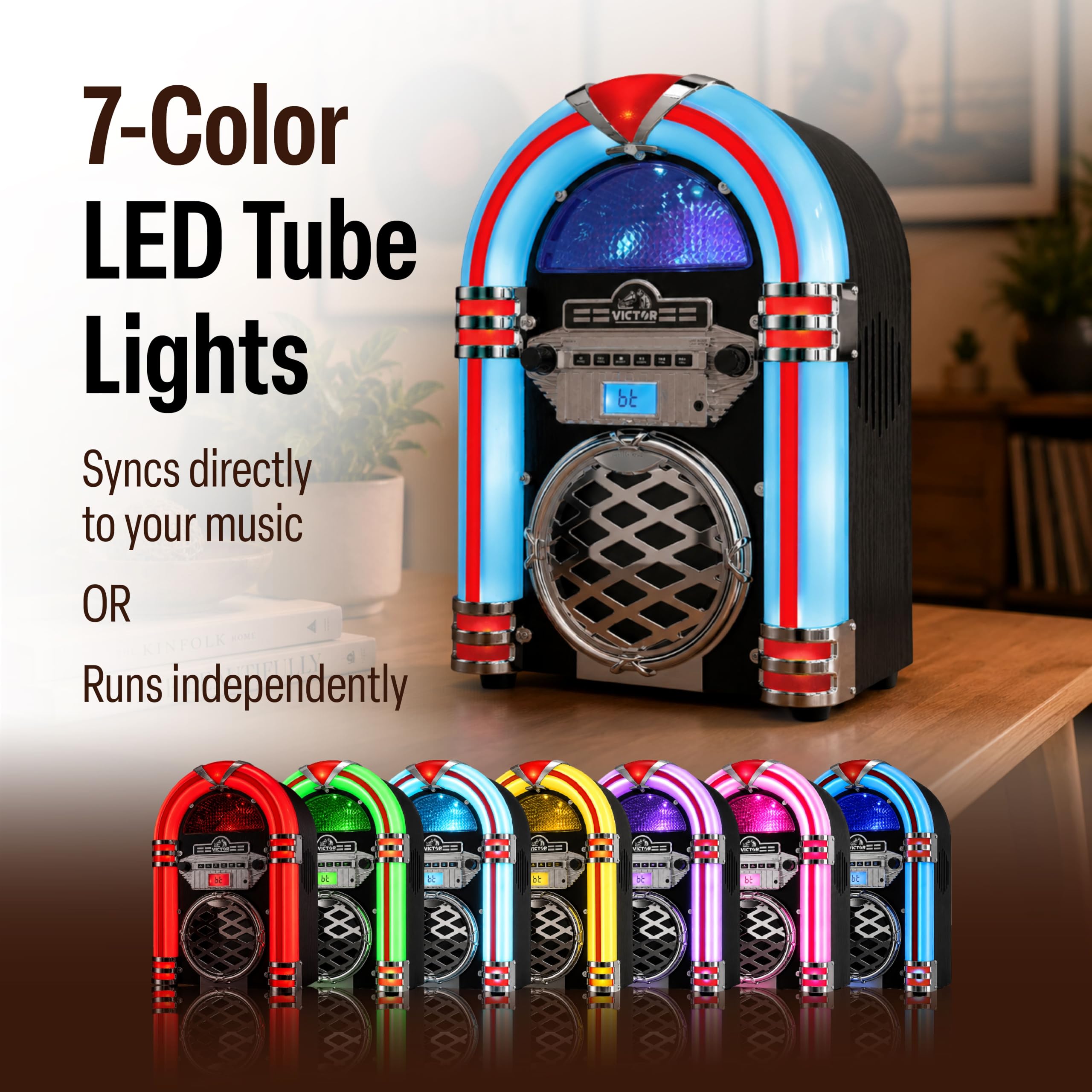 VICTOR Broadway Desktop CD Bluetooth® Jukebox mit mehrfarbiger LED-Beleuchtung, Schwarz (VDTJ-1550-BK)
