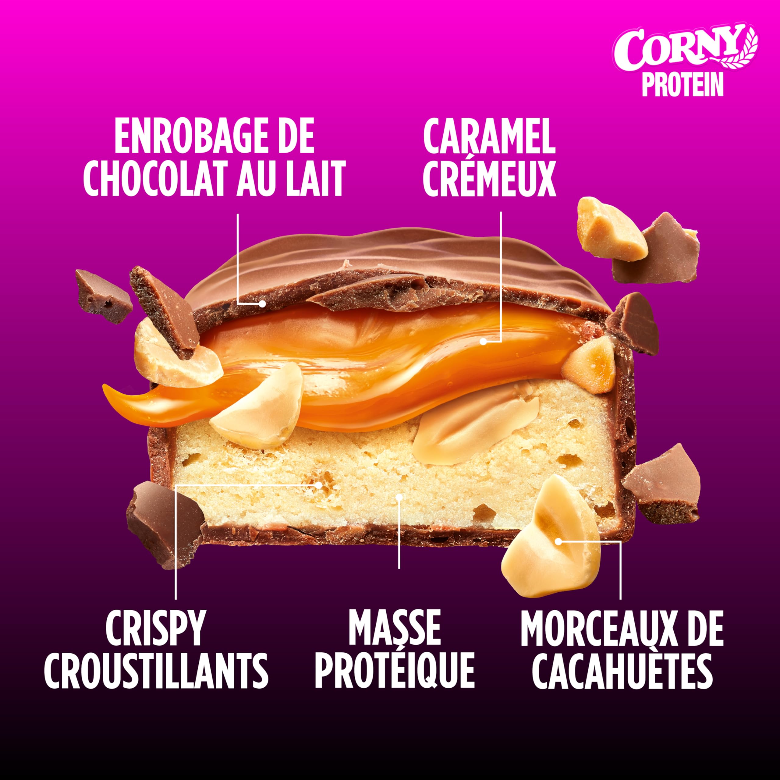 Barres protéinées, Corny Protein,Chocolat au Lait, Caramel et Cacahuètes,13,5 gr de protéines, 0% de sucres ajoutés, Pack de 12x45g, Taste the Power