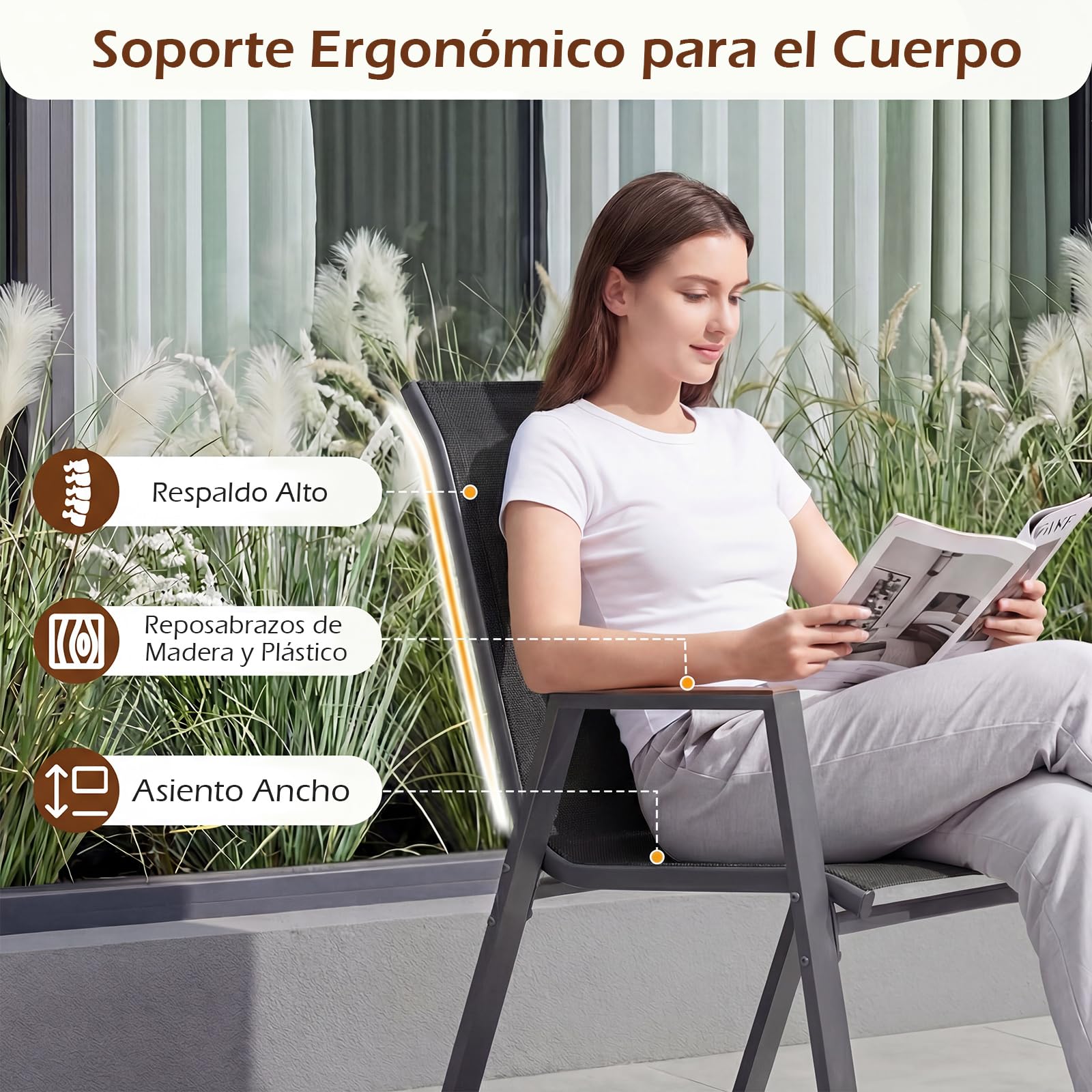 COSTWAY 2/4 Sillas Jardín Apilables, Textilene, Sillas Terraza Exterior con Respaldo Alto y Reposabrazos Ergonómicas, Marco de Metal, 56 × 66 × 88 cm, Patio Balcon, Carga 180kg (Negro,2)