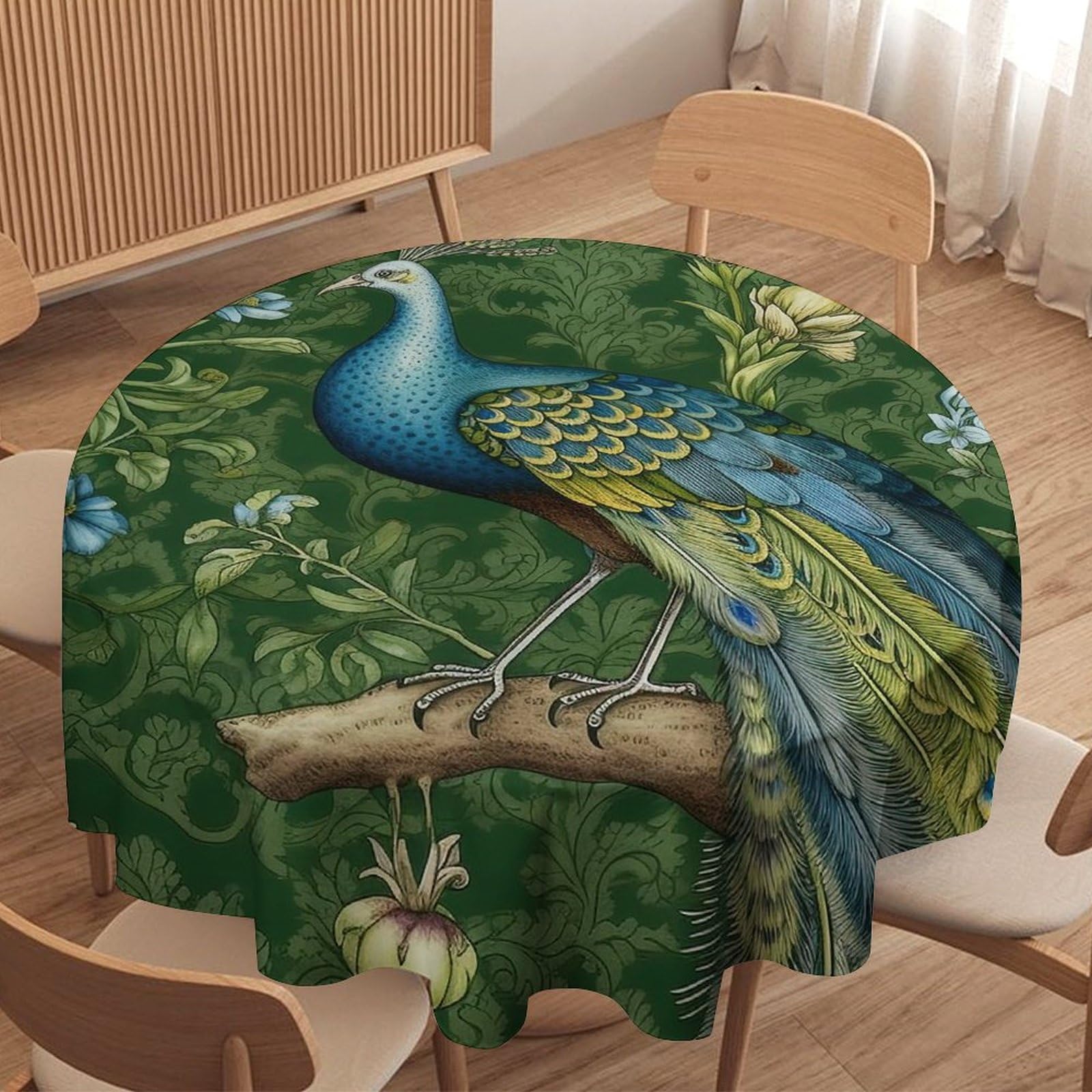Guangpat Bird Floral Peacock Chinoiserie Asian Round Tablecloths Aqua And Green Table Cloth 60x60in Waterproof Wrinkle Resistant Washable Table Cover Festival Camping Picnic Wedding Party