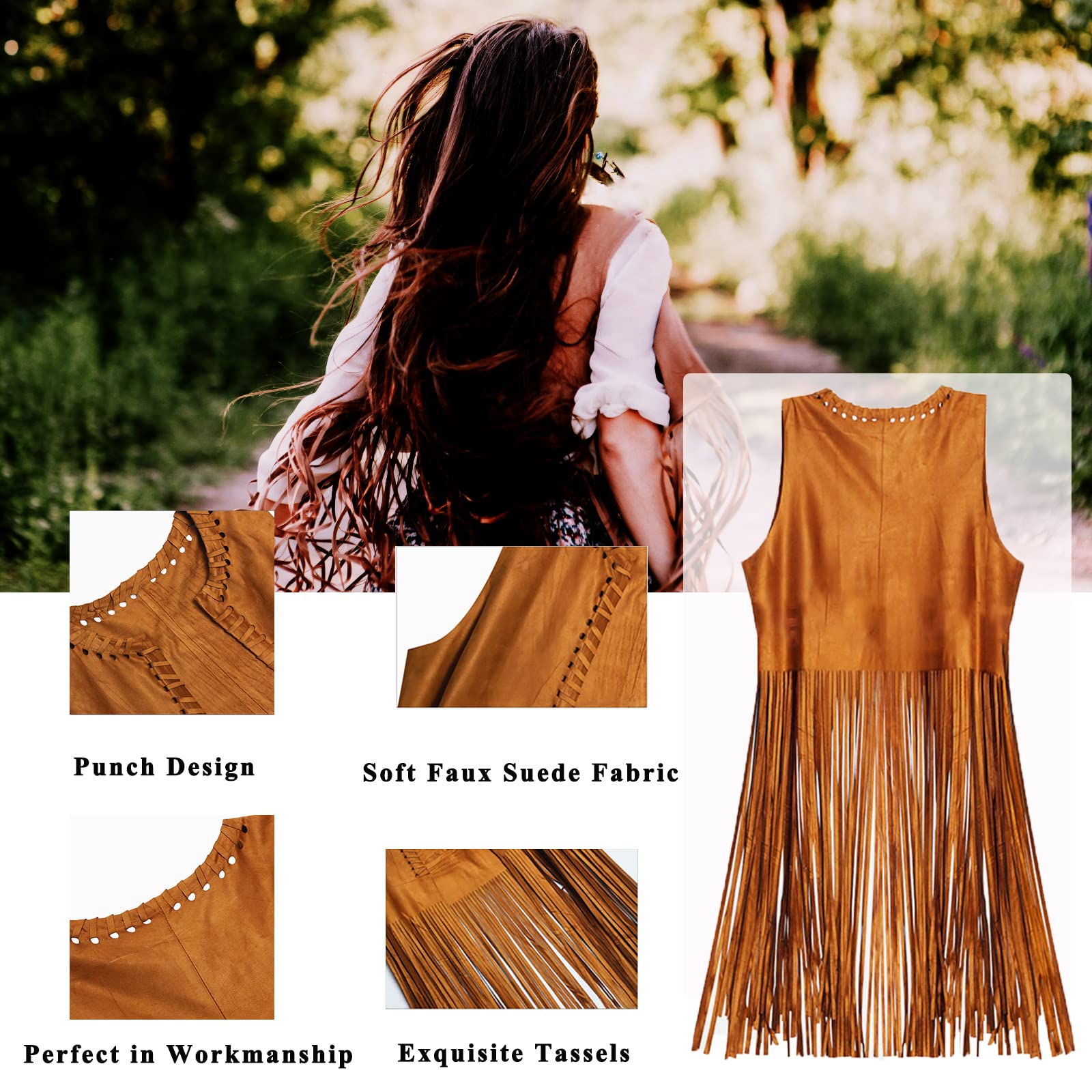YADODO 60er 70er Jahre Hippie Kostüm Damen Set mit Fransenweste Schlaghose Accessoires Hippie Kleidung Damen Kostüm 70er Jahre Bekleidung Frauen Disco Outfit Cowgirl Western Faschingskostüm (L)