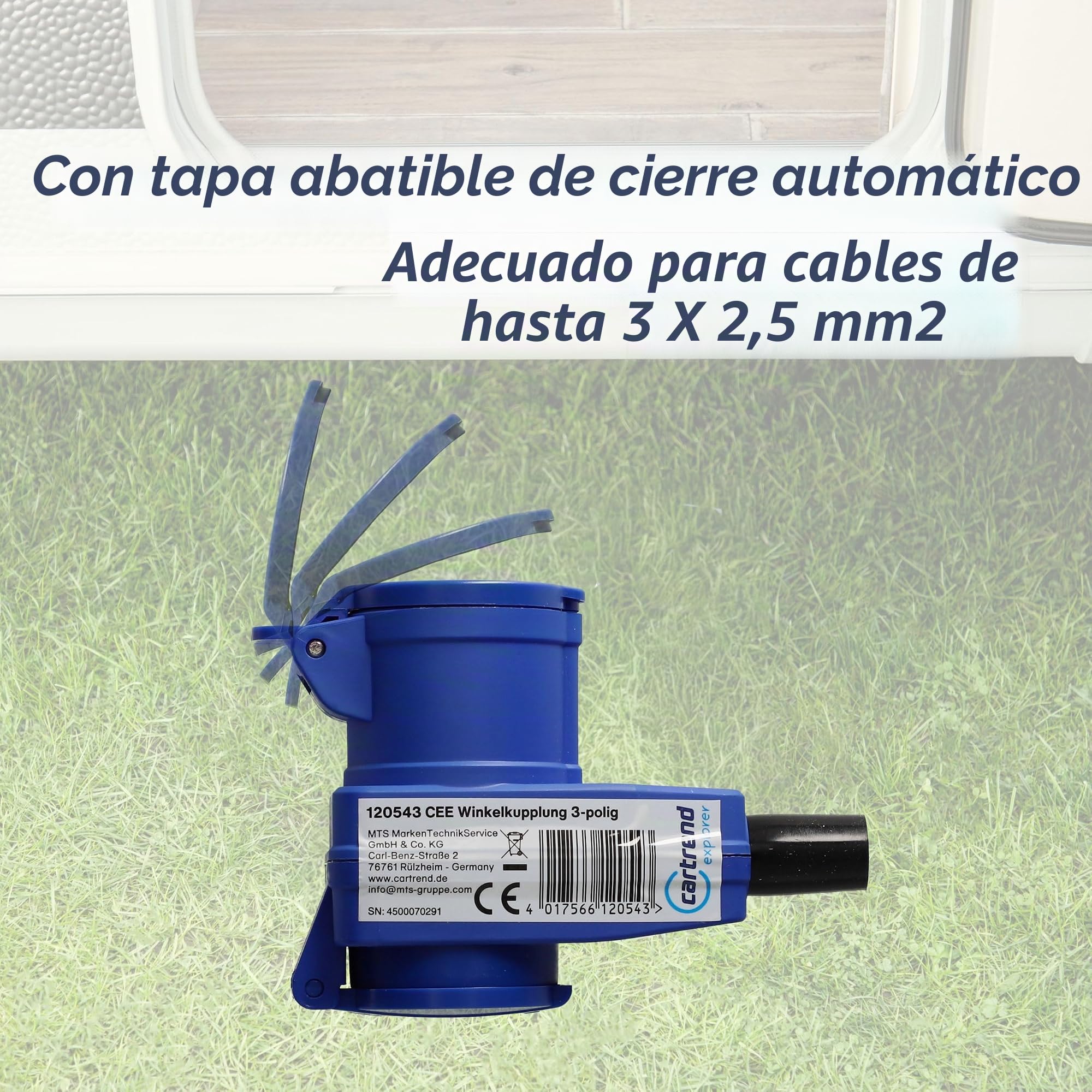 cartrend Explorer CEE - Acoplamiento Angular de 3 Polos y Toma de Corriente con Contacto de protección con Tapa abatible, para Camping, caravanas, autocaravanas, protección contra la Humedad, IP44