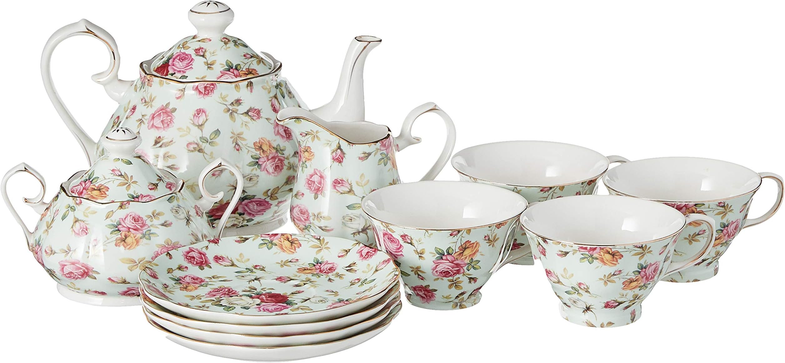Gracie China by Coastline Imports Blue Cottage Rose Chintz 11-Piece Tea Set