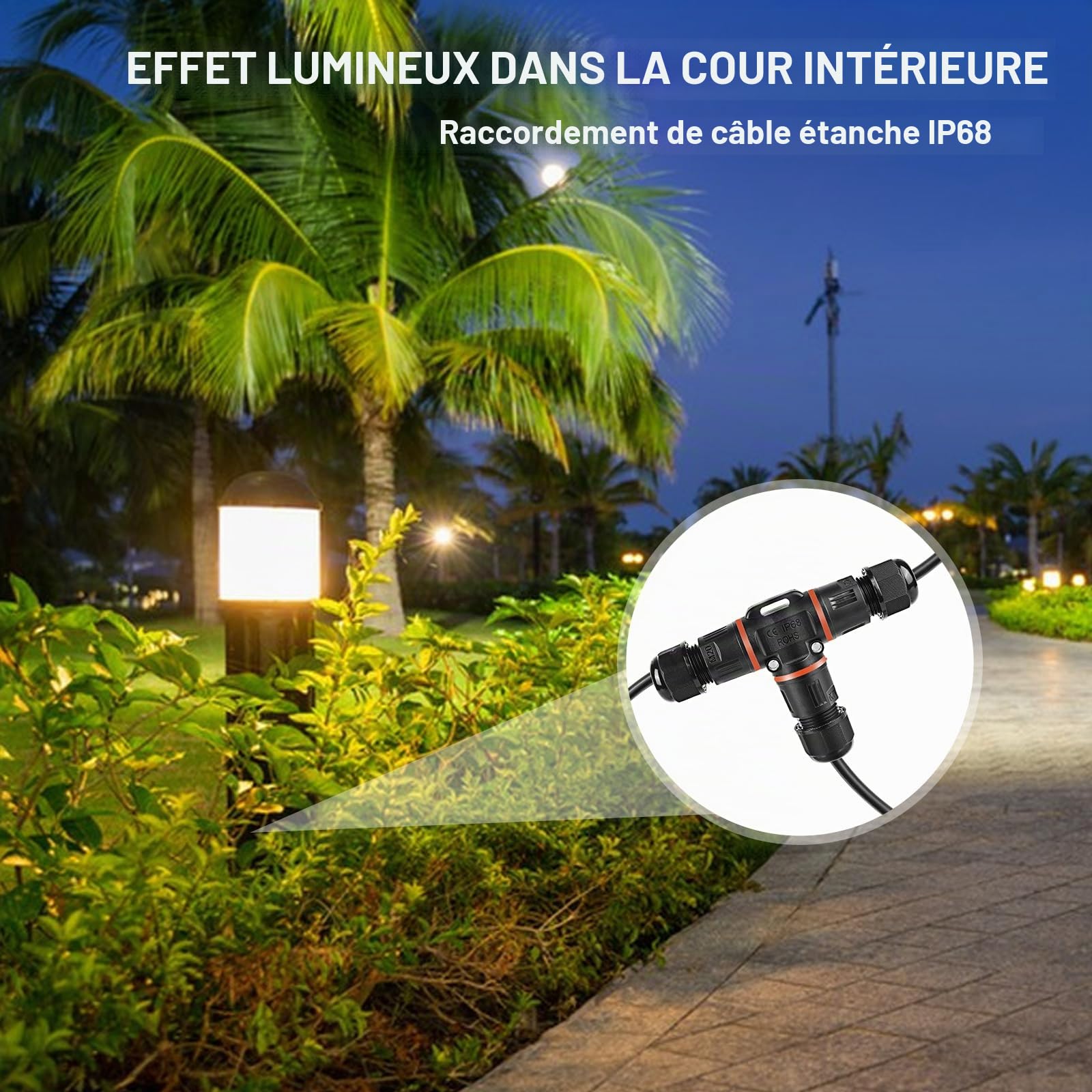 Connecteur de câble à 3 broches, IP68, boîte de jonction pour câble de terre de 3 à 12 mm de diamètre, boîte de jonction extérieure étanche, noir