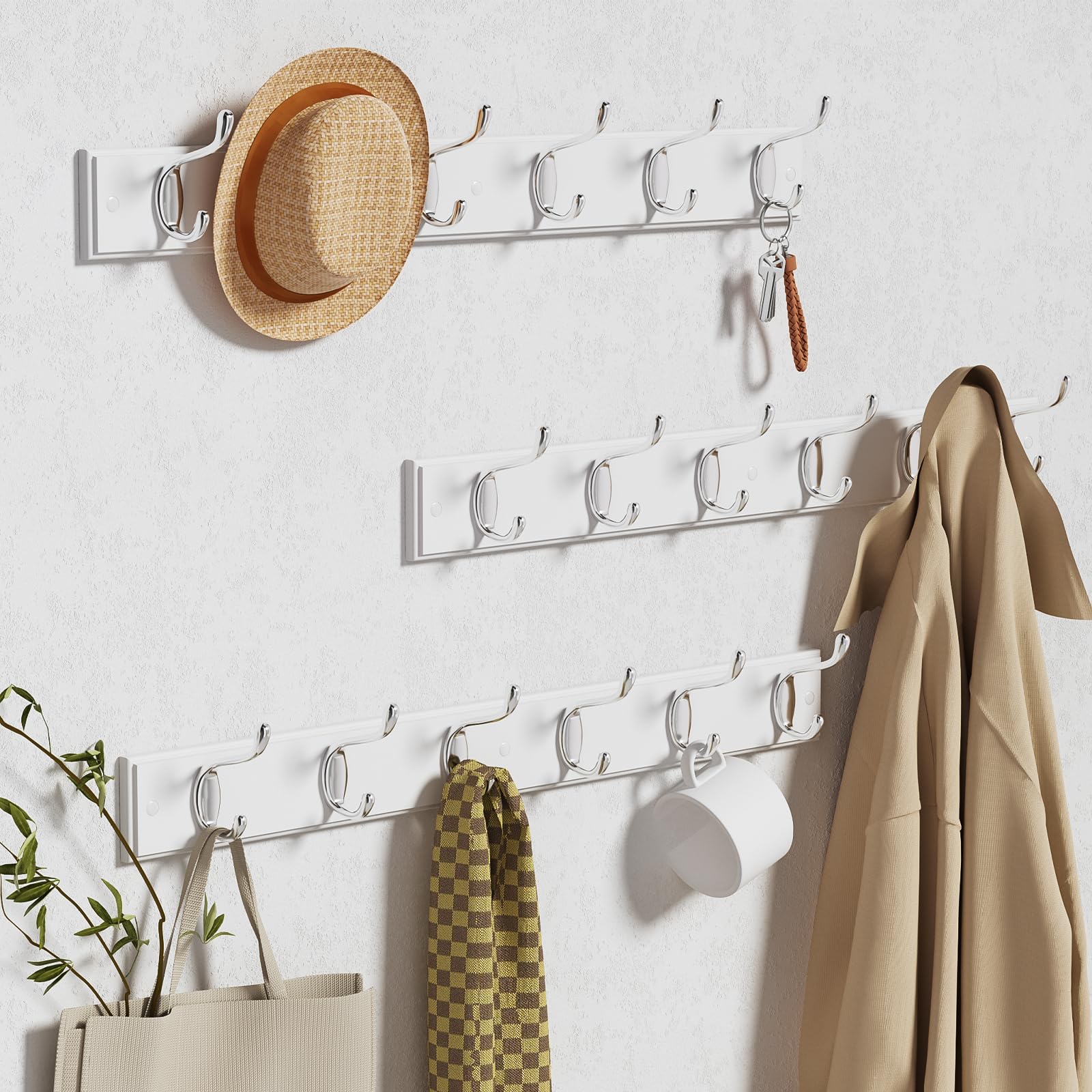 2-Pack Wall Mount Coat Rack With 6 Hooks - White & Silver, Holds Jackets, Hats, Bags