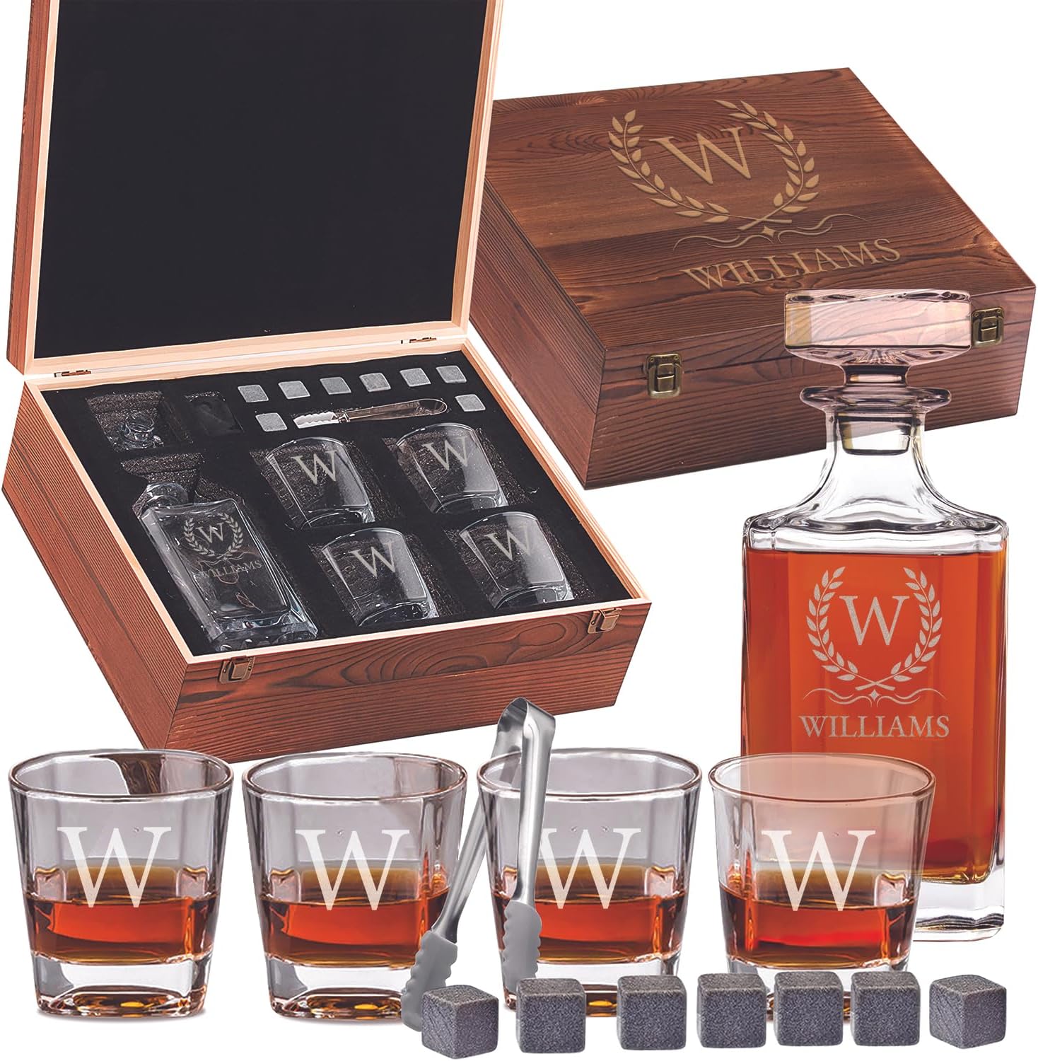 Custom Engraved Monogram Name Initial Whiskey Gift Set – 34 oz Liquor/Bourbon Decanter with 4 Glasses, Whiskey Stones, Tongs & Wood Box – Premium Whiskey Gift for Men, Husband, Dad, or Boyfriend