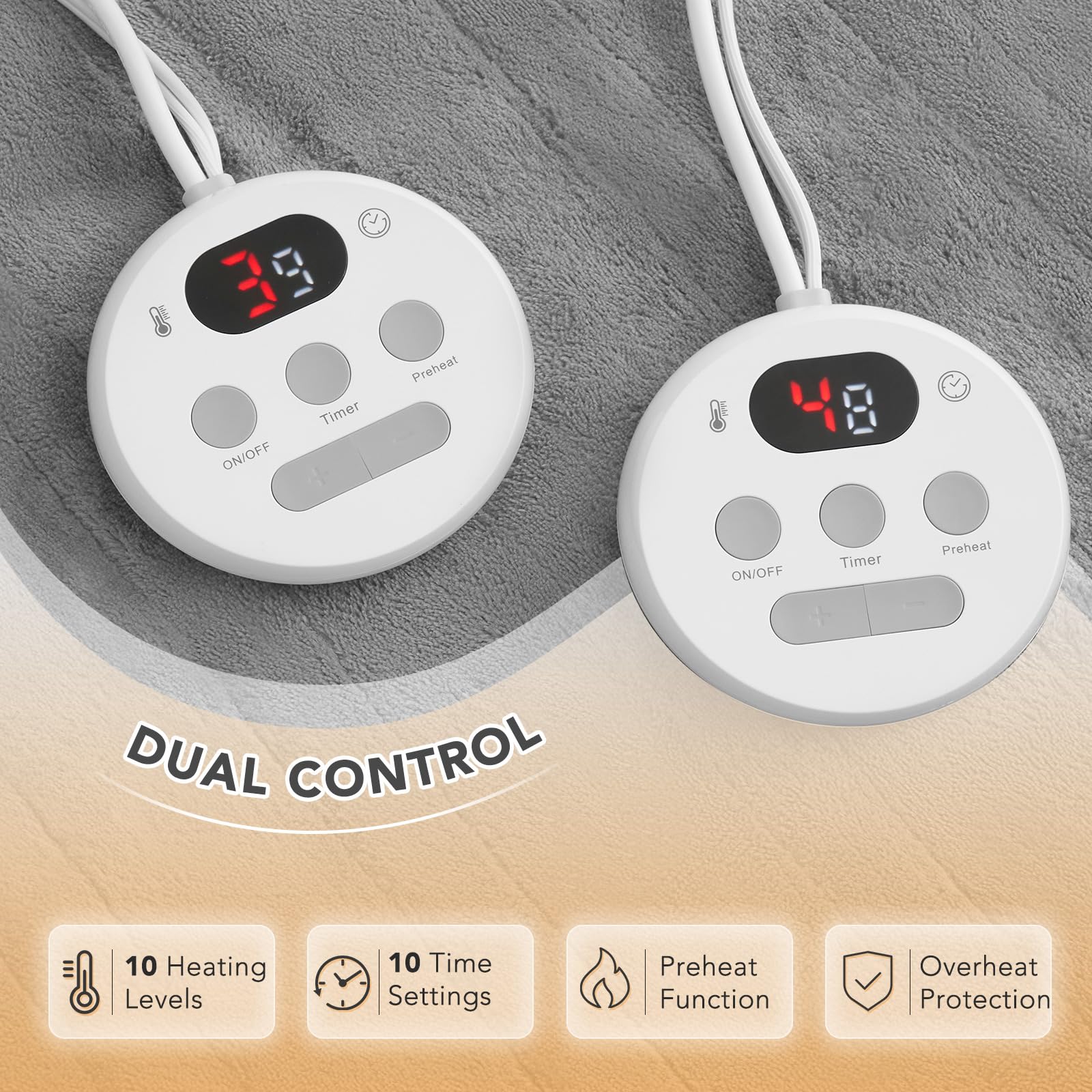 Heated Mattress Pad Queen Size 60 * 80 Inches Comfort Soft Coral Fleece 10 Heating Levels & Auto Shut Off, Electric Bed Warmer Pad with Dual Controllers, Up to 15" Deep Pocket, Grey 1