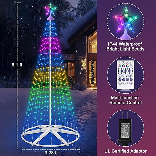 Miniatura 5 de Árbol de cono iluminado inteligente, 388 LED preiluminado de 8 pies con sincronización de música, control remoto y aplicación, árbol artificial de