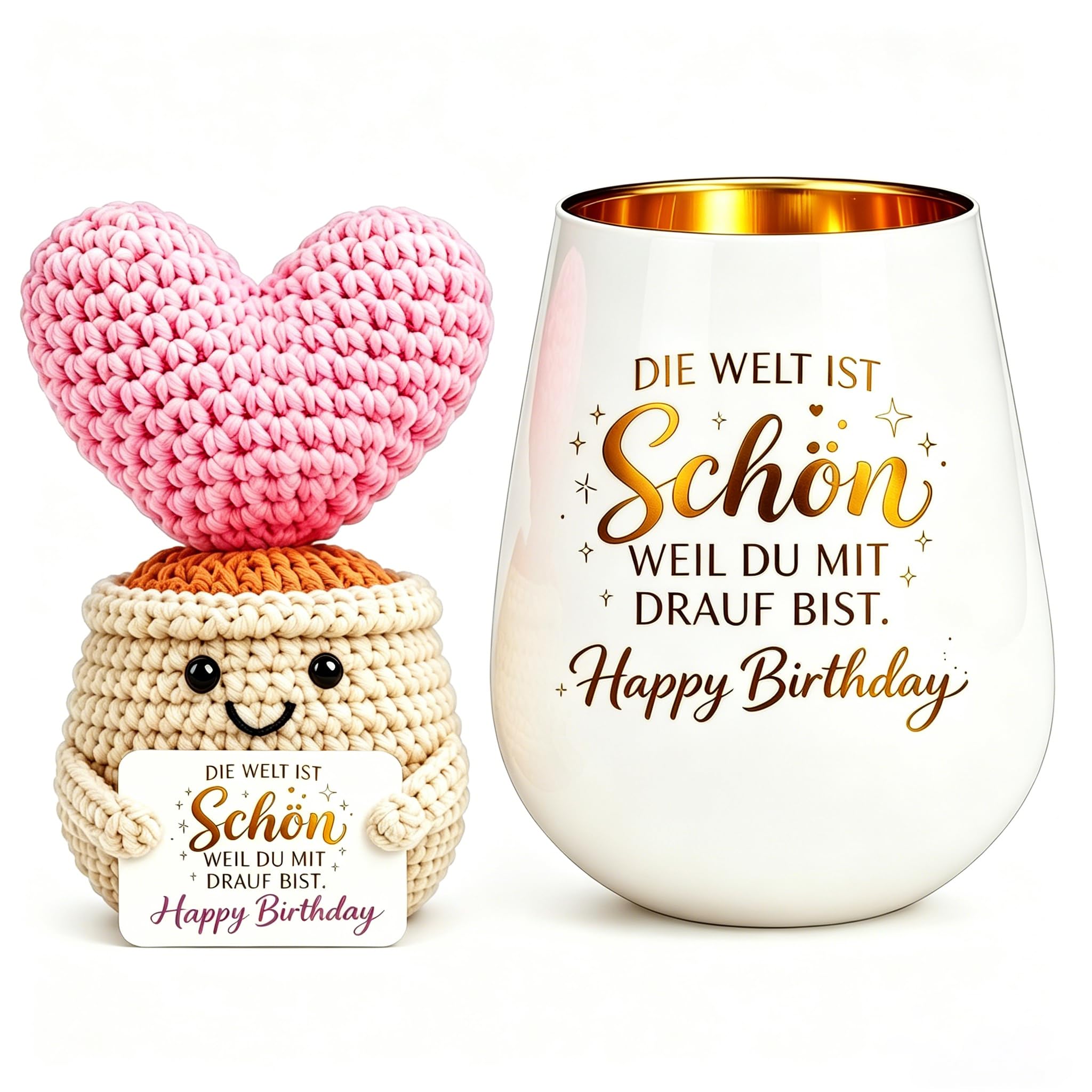 Geburtstagsgeschenk für Frauen, Windlicht mit Gravur und Gehäkelte Liebespuppe, Happy Birthday, Geschenk zum Geburtstag für Freundin, Mama, Oma, Schwester