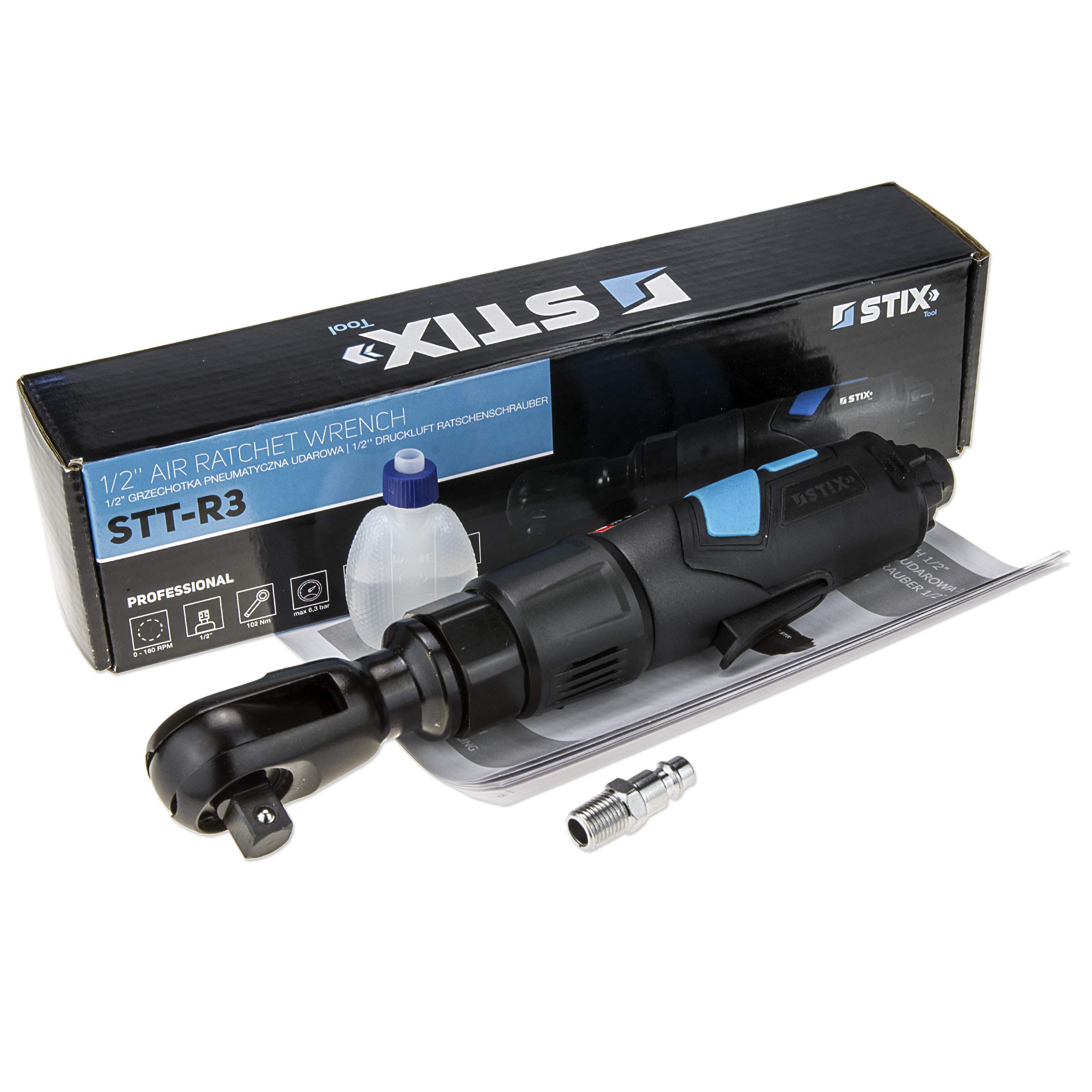 Stix Automotive Equipment Chiave pneumatica a cricchetto - Potenza di serraggio 102Nm - Pressione massima 6Bar - Dimensione del gambo 1/2 pollice - Adattatore 1/2 dopo 1/4 pollice