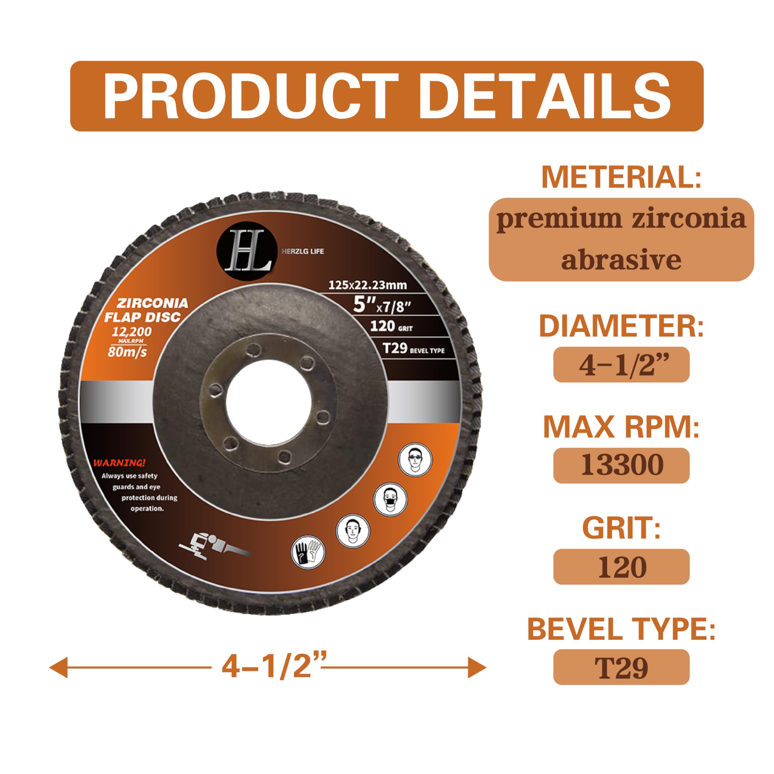 10 Pack 4-1/2"×7/8" 120 Grit Premium Zirconia Flap Disc T29 Sanding Grinding