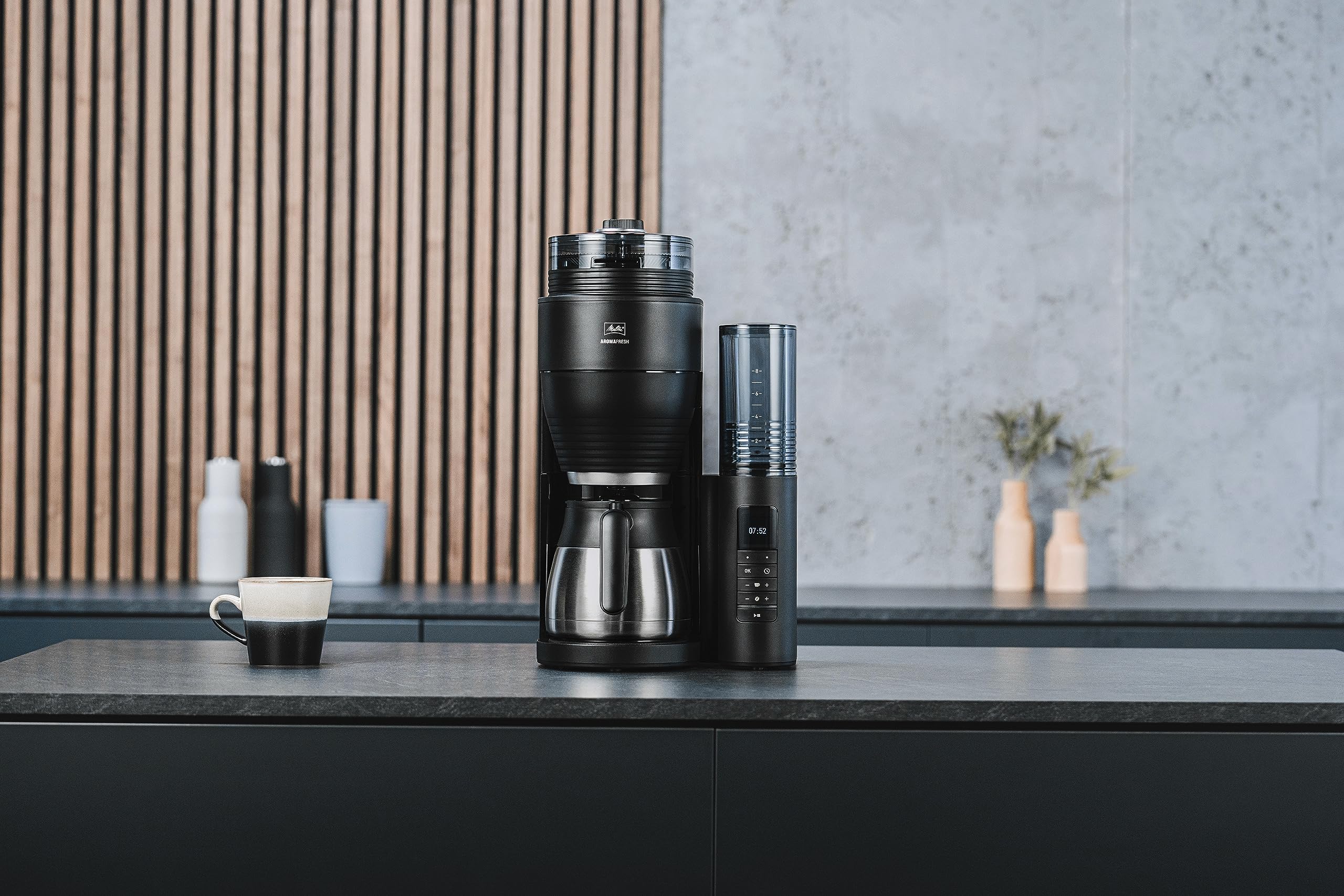 Melitta AromaFresh Therm Pro X – ekspres do kawy z młynkiem, przelewowy ekspres do kawy z dzbankiem termicznym i wyjmowanym zbiornikiem na wodę, na maks. 8 filiżanek kawy, czarny