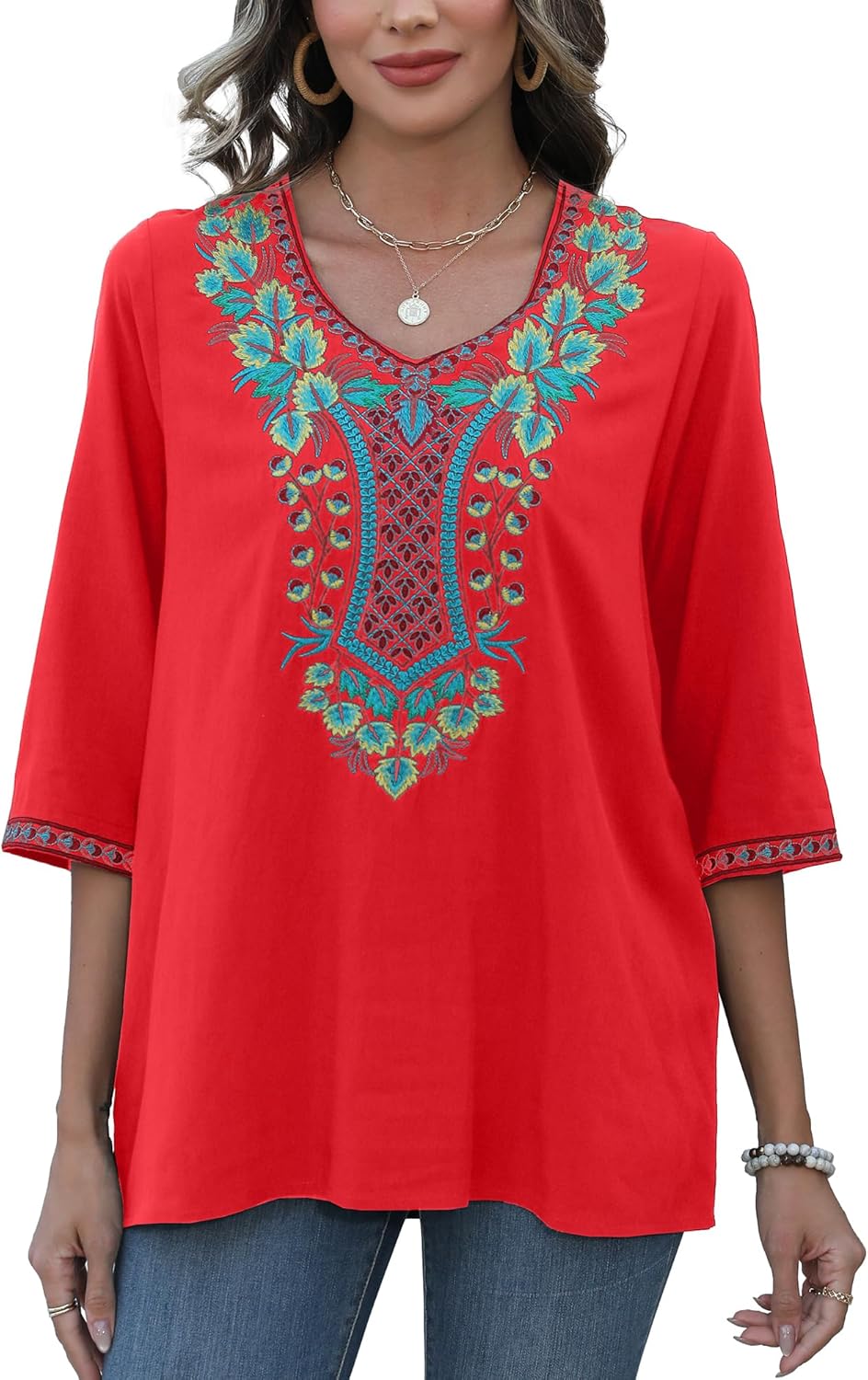 AK Women Boho Embroidered Tops Mexican 3/4 Sleeve Peasant Shirt for Women Traditional Floral Plus Size Blouses - Image 4
