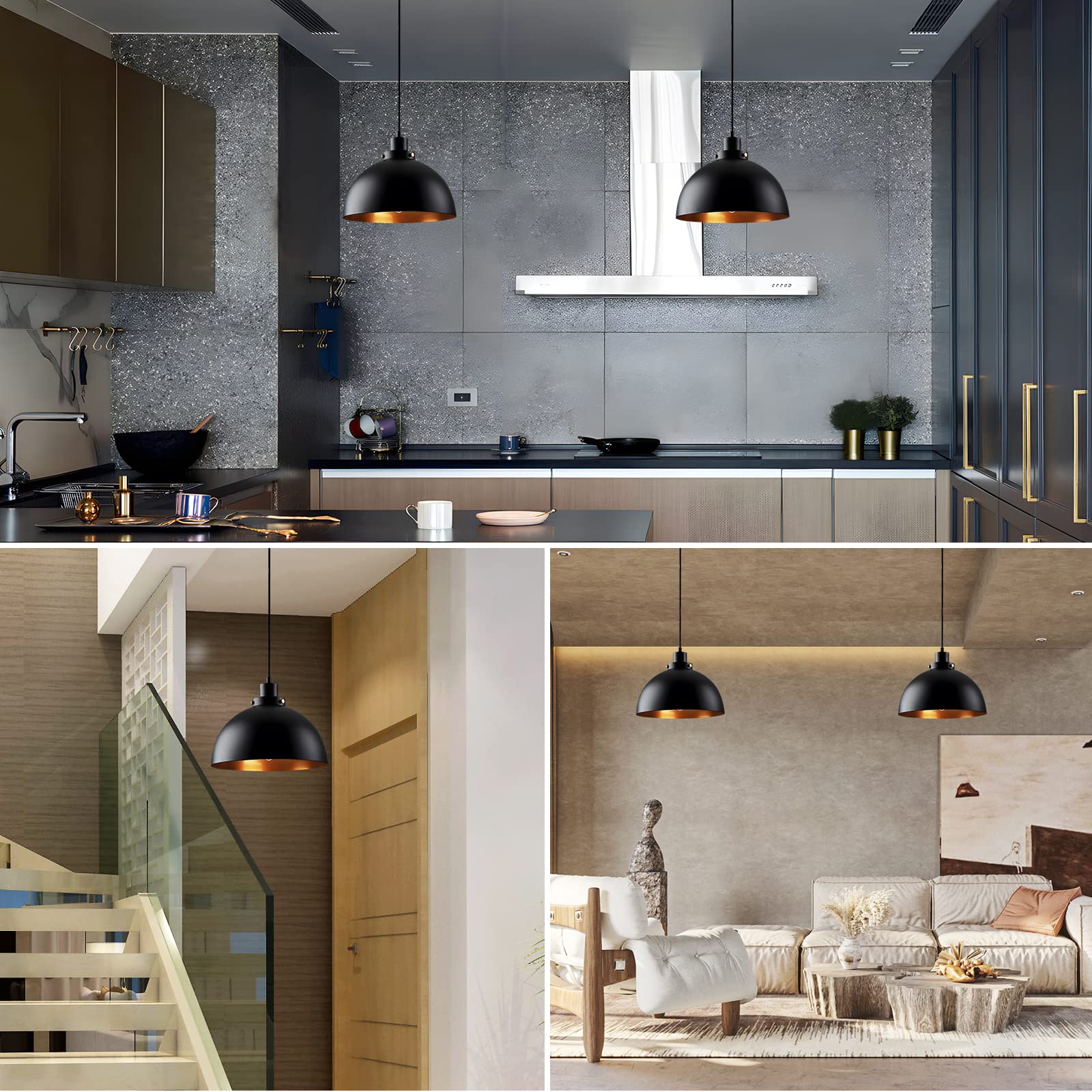 2 x Pendelleuchte Schwarz Gold - Modern Industriel Hängelampe | Metall Hängeleuchte Deckenleuchte E27, für Wohnzimmer Schlafzimmer Esszimmer Küche Restaurant Flur Bar (Schwarz)