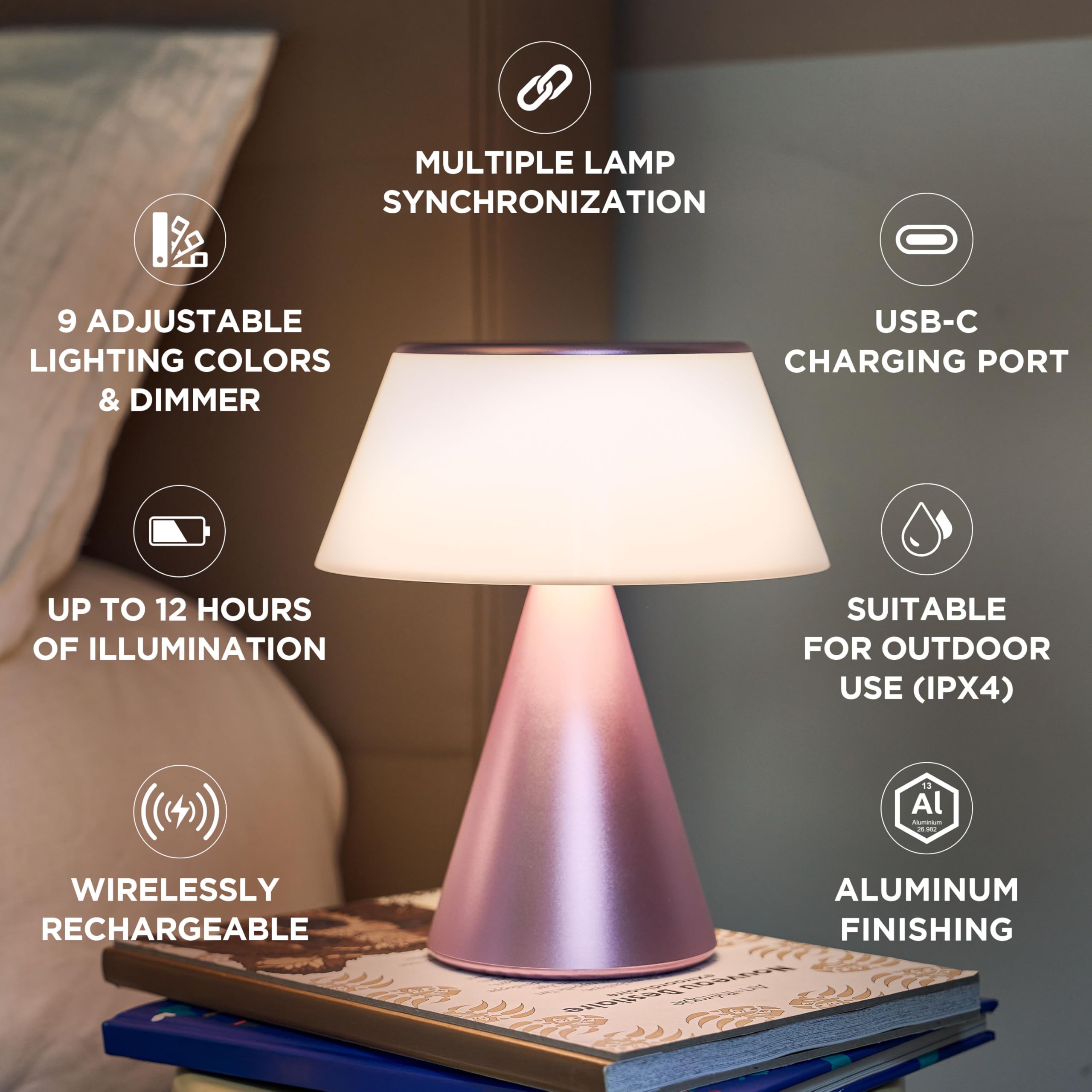 Lexon LUMA L Lámpara de Noche Sensible al Táctil, Luz Nocturna Inalámbrica con Regulación y Sincronización Multilámpara, 9 Colores LED, Recargable, Carcasa de Aluminio - Rojo Oscuro