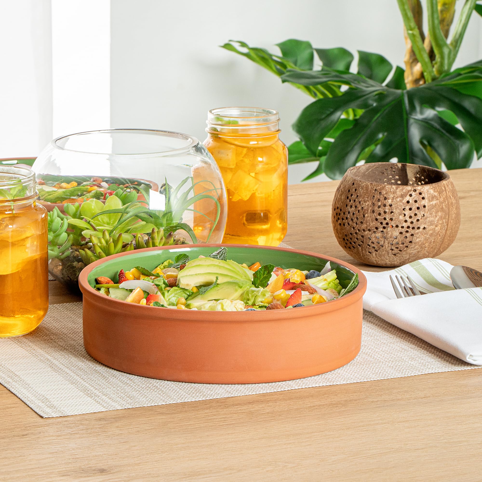 Restaurantware -Terra Tek - Cazuelas in terracotta da 1,5 l, 2 pentole in terracotta smaltata verde per cucinare, pronte per il forno, microonde, pentole in terracotta, lavabili in lavastoviglie, per