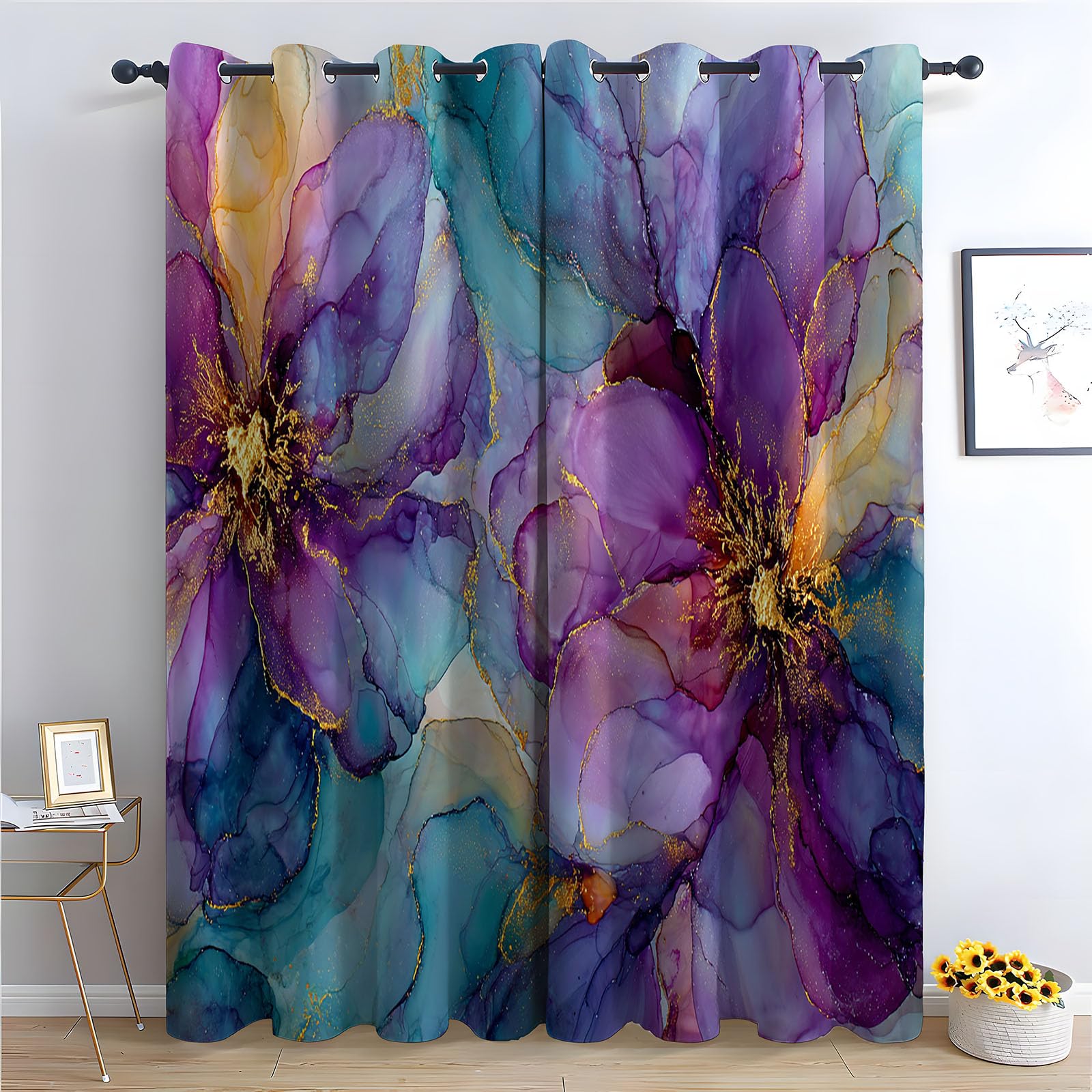 TERUEA Outdoor Curtains Garden Decor, Alcohol ink purple teal flower gold foil abstract floral Boho Home/Office Artistic Decor for Bedroom Living Room-52 W x 96" L (Pack of 2)