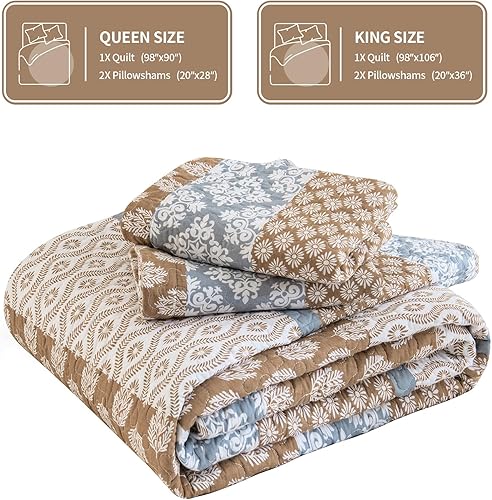 Miniatura 6 de KALOOLA Juego de edredón marrón tamaño Queen, 100% algodón, suave, ligero, acolchado, colcha reversible con 2 fundas de almohada, colcha estampada a