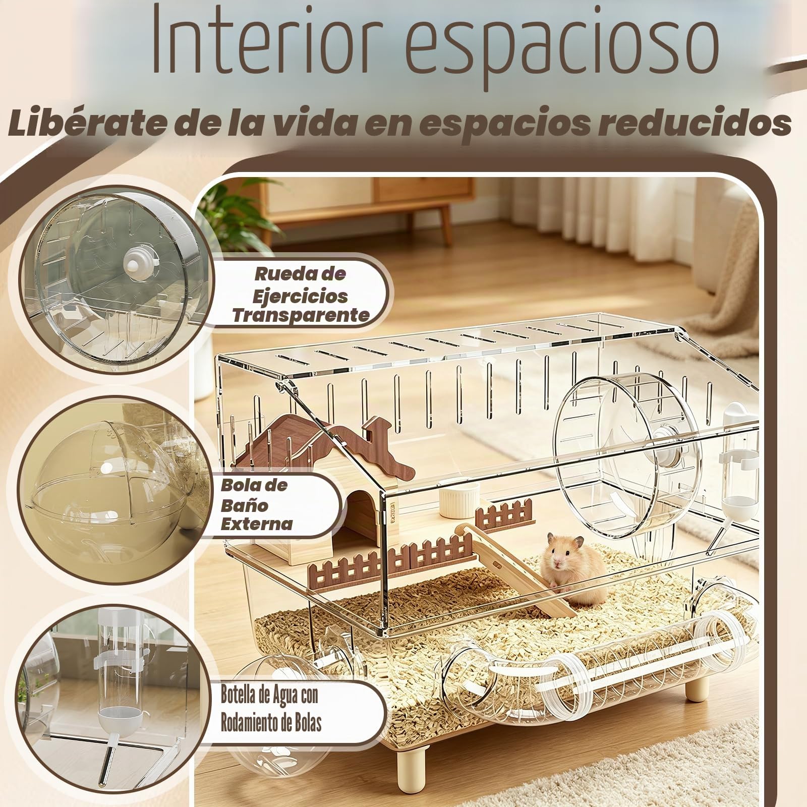 Jaula Hamster, 43 x 30 x 34 cm Jaula Grande para Hámster de Acrílico con Zona de Descanso Rueda de Ejercicio Túnel Baño Exterior Tetera y Comedero para Animales Pequeños para Jugar y Retozar