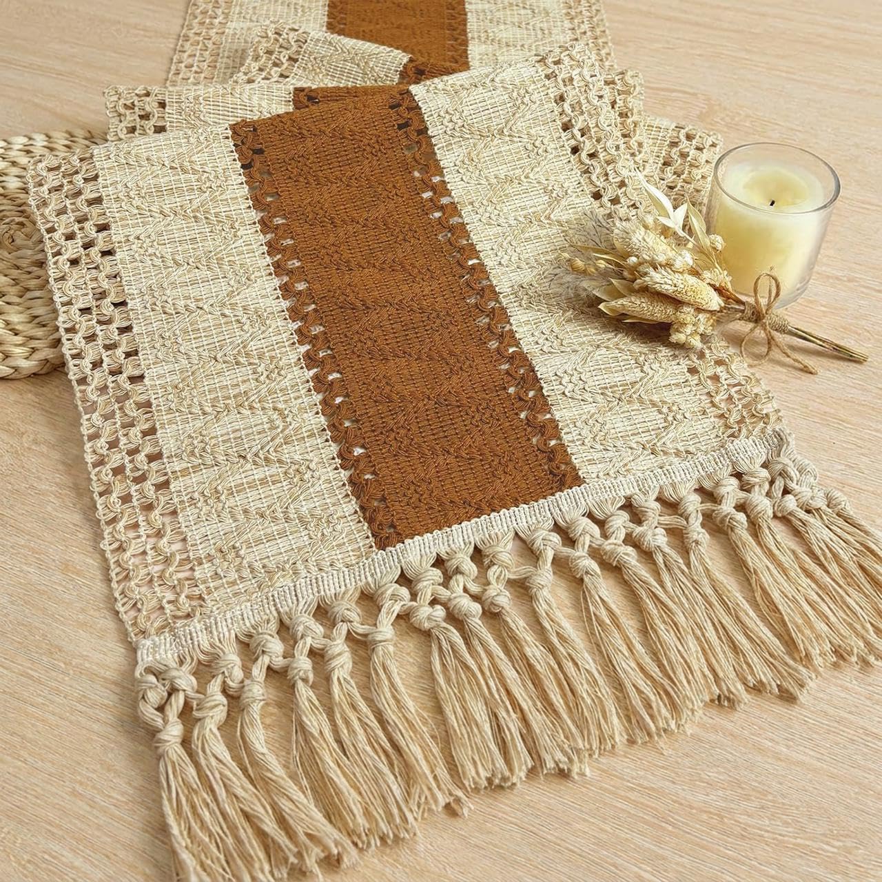 Boho Table Runner for Home Decor 12x72 Fall Coffee Table Decor Caramel