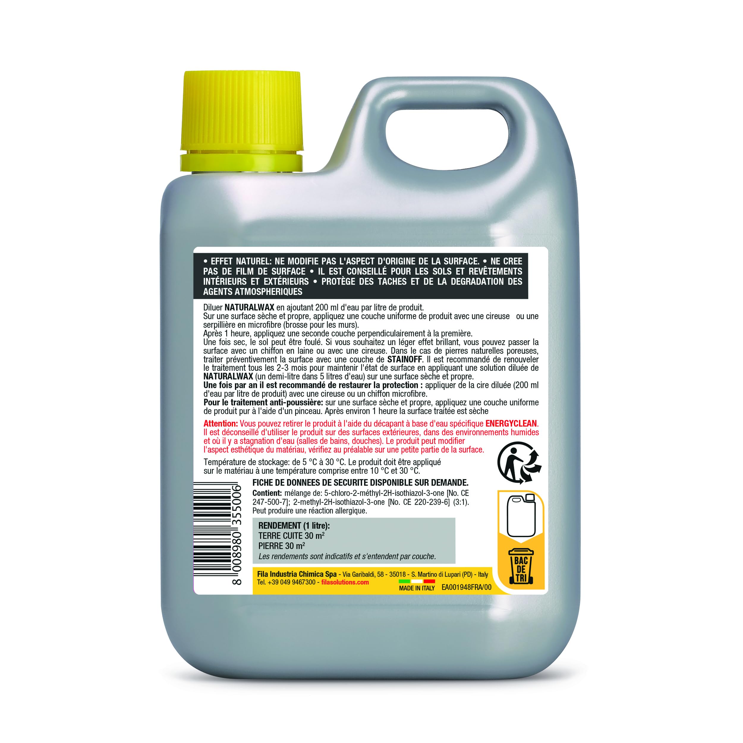 FILA Surface Care Solutions, NATURALWAX, Cire écologique à Effet Mat pour l'Entretien Maison, Produit Sol Convient pour Terre Cuite, la Cimentine, la Pierre, le Klinker etc, 1L
