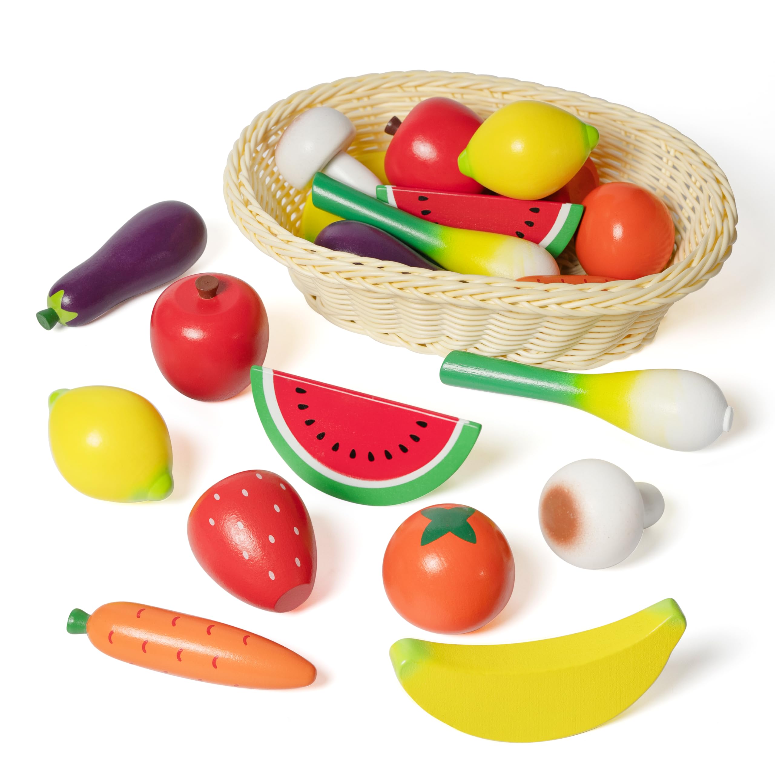 Hooga Wooden Play Food Set with Basket - 20 Pieces of Fruits & Vegetables - Kitchen Accessory Playfood for Role Play - Toddler Development and Early Learning Toys