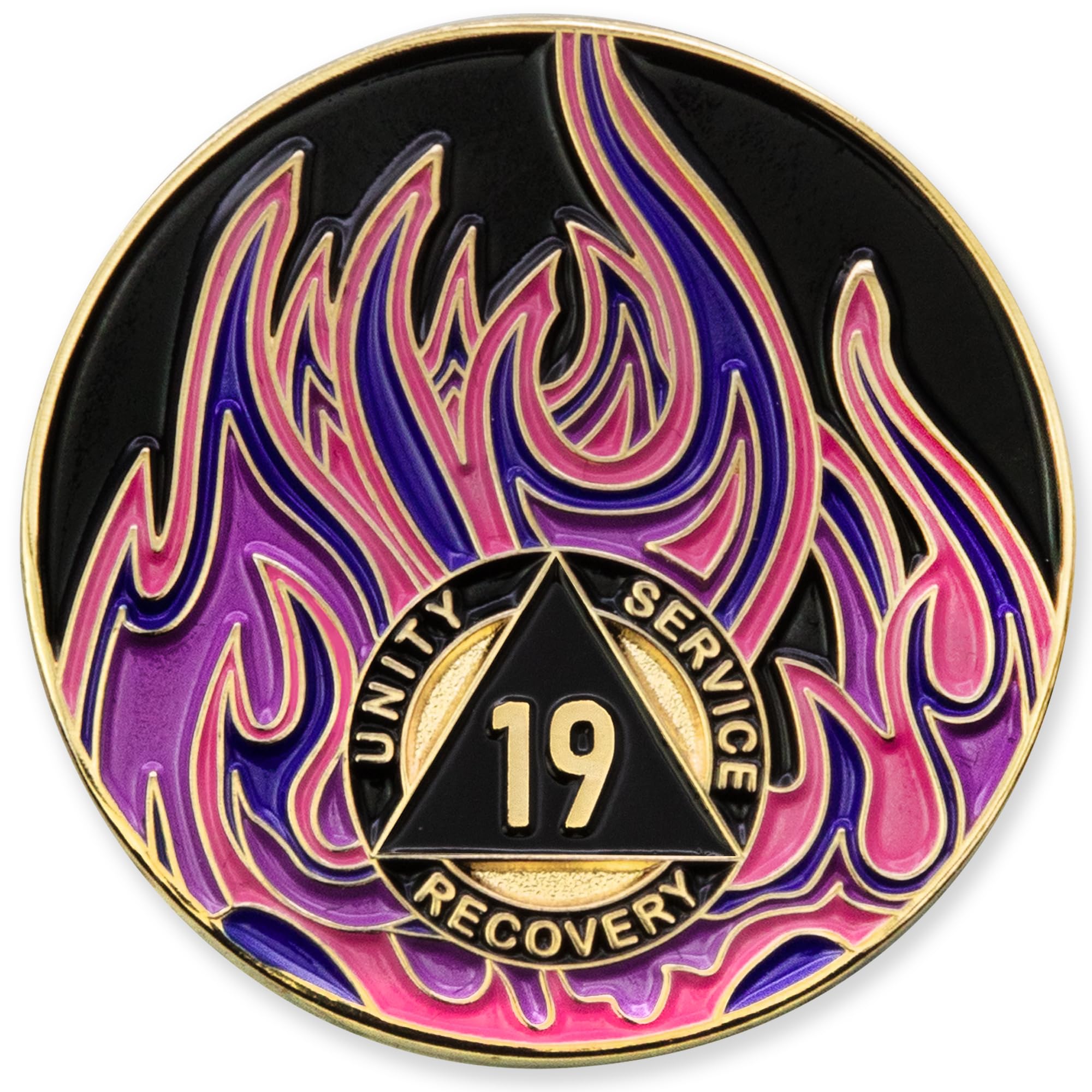 19 Year Sobriety Mint Twisted Flames Gold Plated AA Recovery Medallion/Chip - Black/Pink/Purple/Blue
