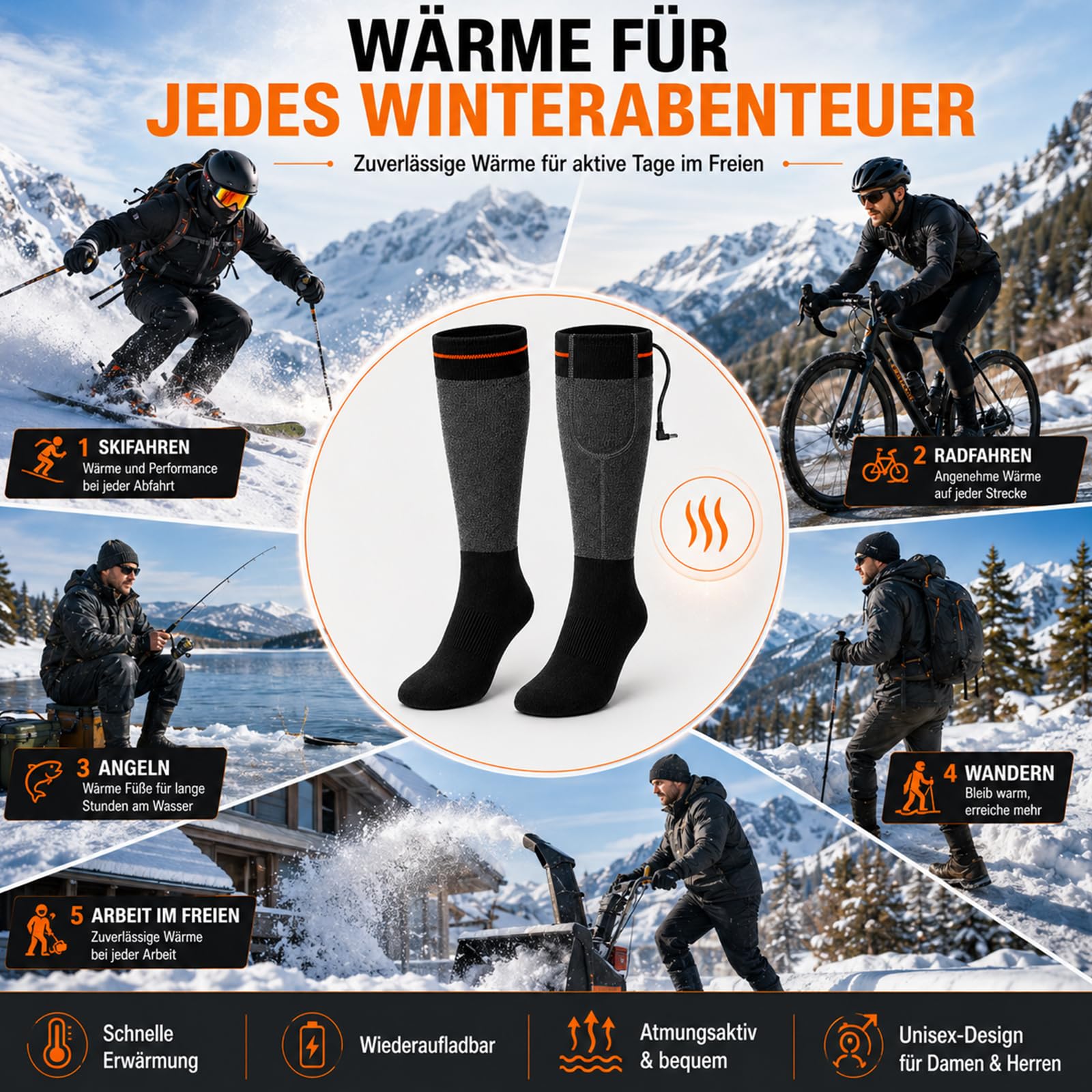 Chaussettes chauffantes rechargeables pour homme et femme - Batterie 5 V 6000 mAh - Chaussettes chauffantes électriques avec 3 niveaux de chaleur - Zone complète des pieds - Chaussettes thermiques