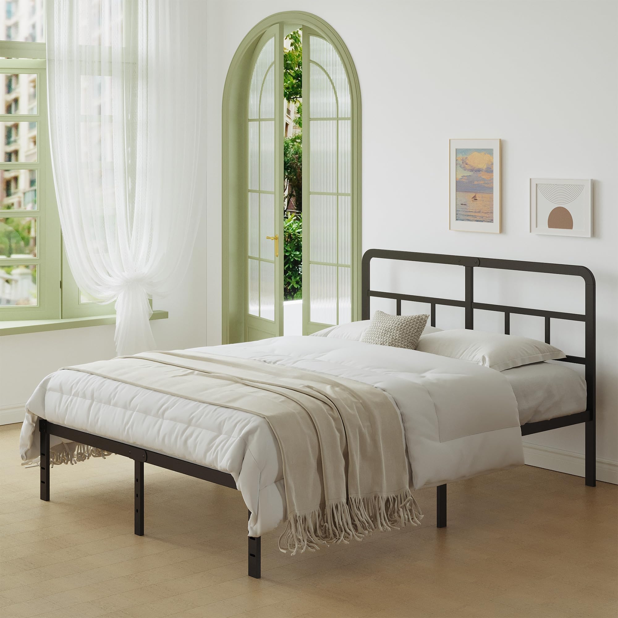 Lutown-Teen Cama de Metal 160x190 cm con Cabecero de Esquina Curvo, Altura 36 cm, Marco de Cama Matrimonio con Somier de Láminas de Acero, Espacio Almacenamiento, Fácil Montaje, Negro