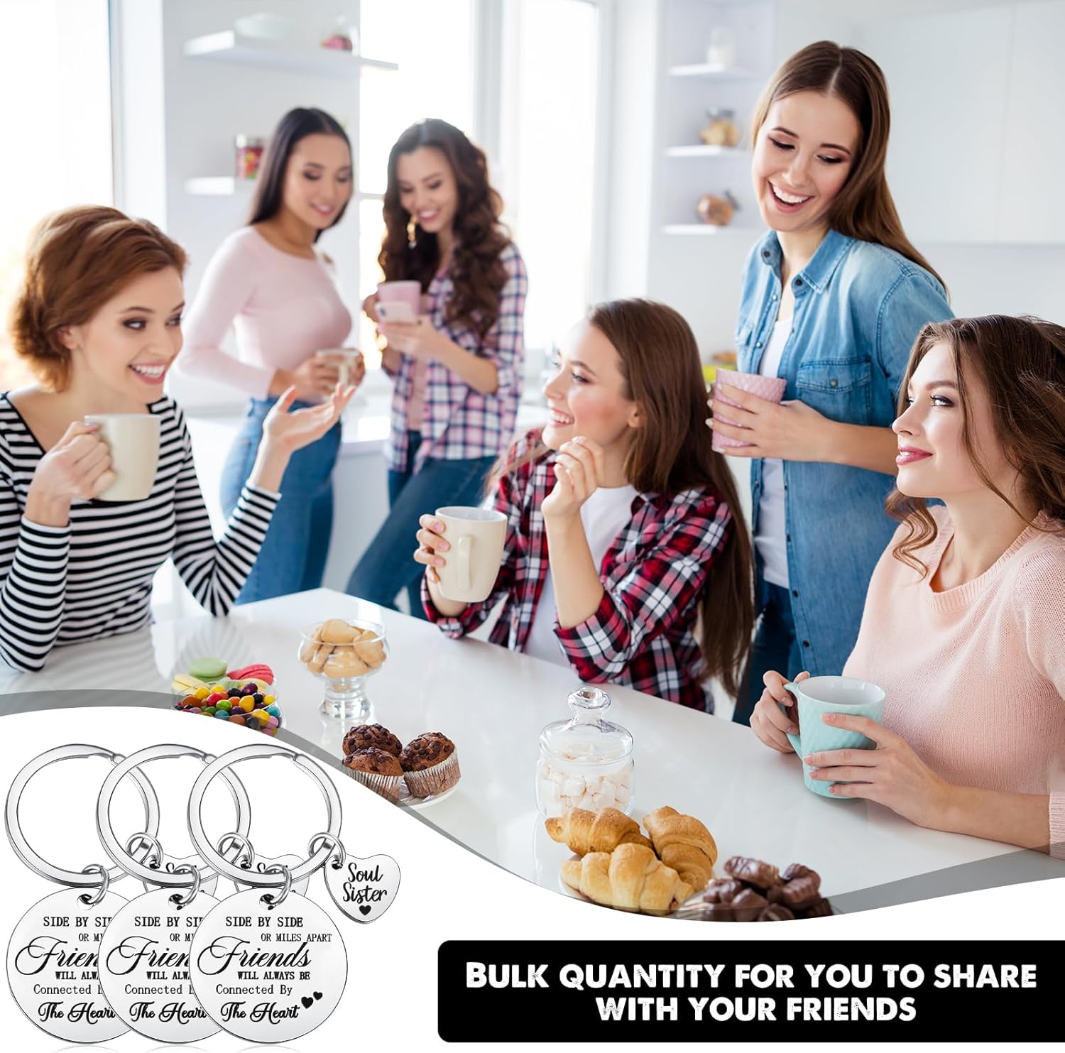 Roowest 6 Pieces Sister Keychain Gift from Sister, Side by Side or Miles Apart Friends Will Always Be Connected by The Heart Keychain for Women Friend Birthday Jewelry Gifts - Image 5