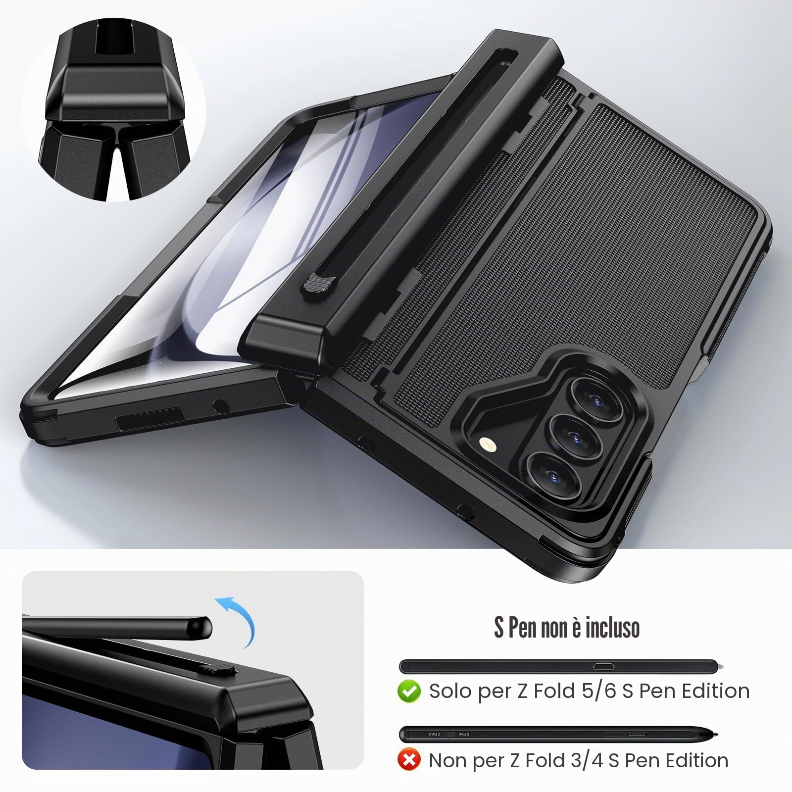 Doeshine Cover Per Samsung Galaxy Z Fold 5 con Supporto, Slot S-Pen Integrato (No S-Pen), [Protezione Cerniera & Pellicola Schermo], Custodia Rigida Robusta per Z Fold 5 Cover Pieghevole (Nero)
