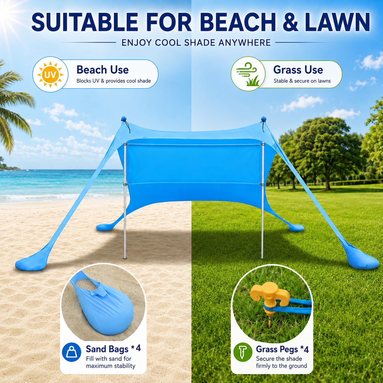 Strandzelt – Sonnensegel Strand 2.1x2.1m mit UV Schutz UPF50+, windstabil & leicht, Strandmuschel mit Sandschaufel, Heringen und Stabilitätsstangen, Blau