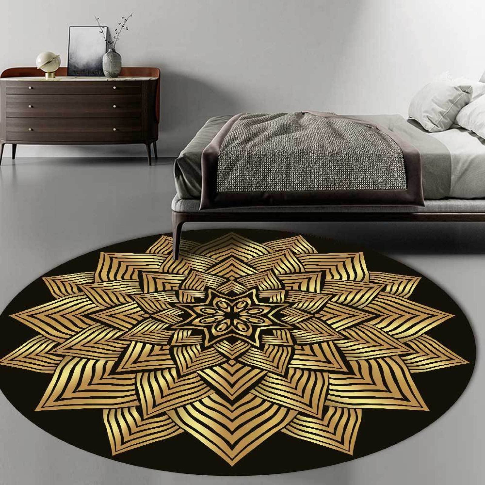 Eco Friendly Duży Okrągły Dywan Złote Geometryczne Kwiaty Antypoślizgowe Okrągłe Dywany do Sypialni Salon Przedszkole Decor ø 80 cm