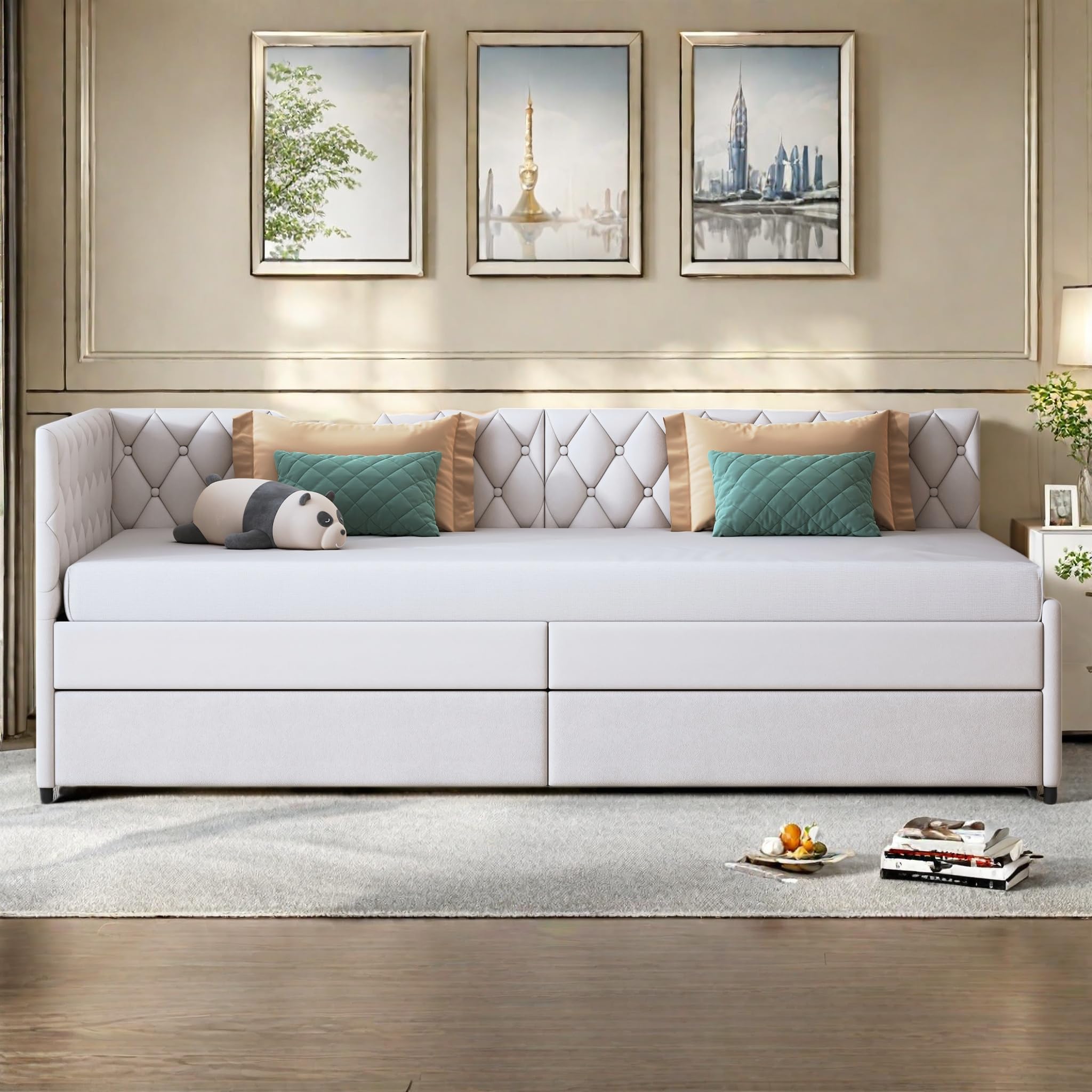 Divano letto in legno massiccio 90/180 x 200 cm, letto divano a 2 posti convertibile con 2 cassetti portaoggetti e rete a doghe per divano letto allungabile con schienale e braccioli, senza materasso