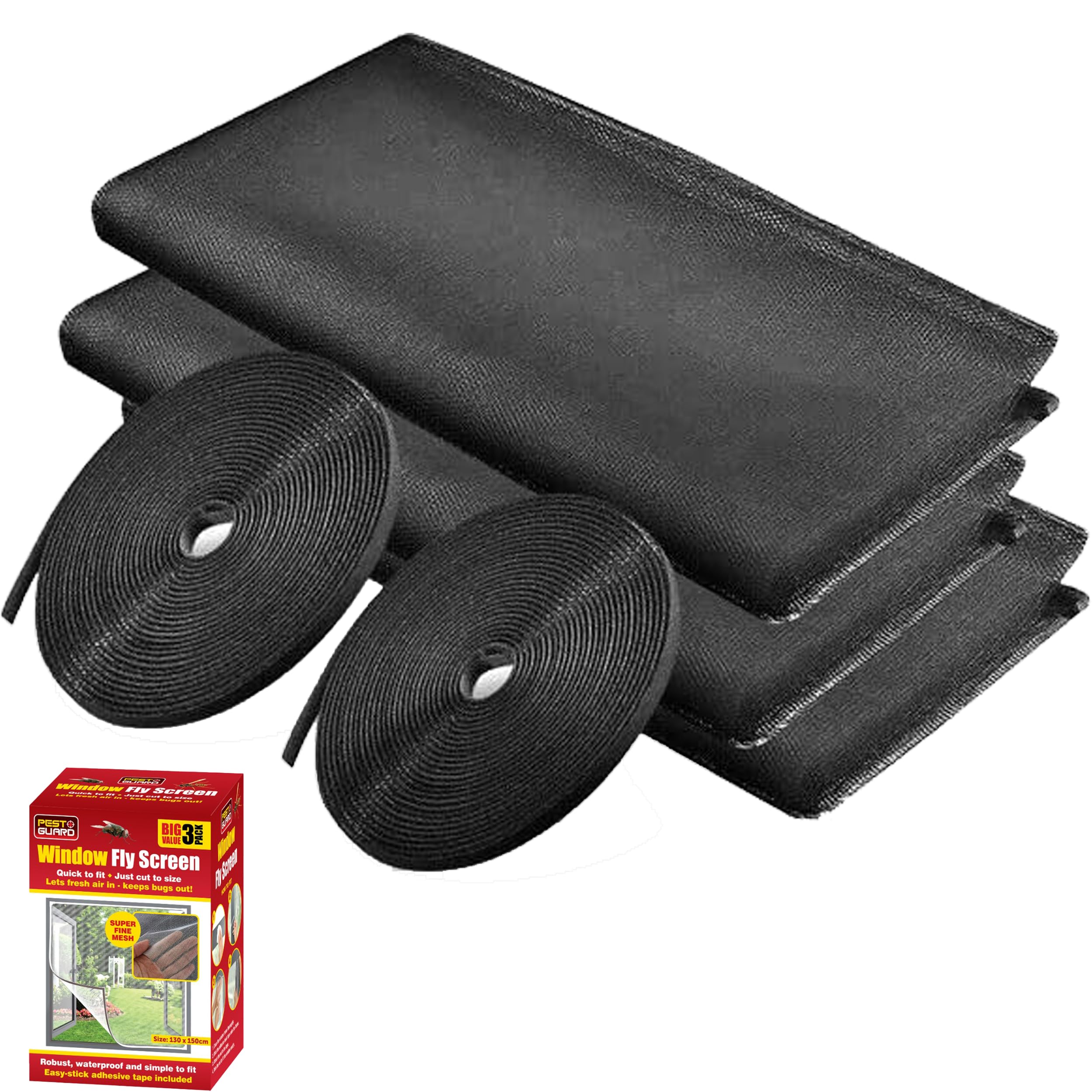 PEST GUARD Fly Screens for Windows - 3 Pack Mosquito Insect Mesh Window Net - Self Adhesive Curtain Tape Bug Screen Netting -1.3 x 1.5 Meter Bug Blind Mesh (Black)