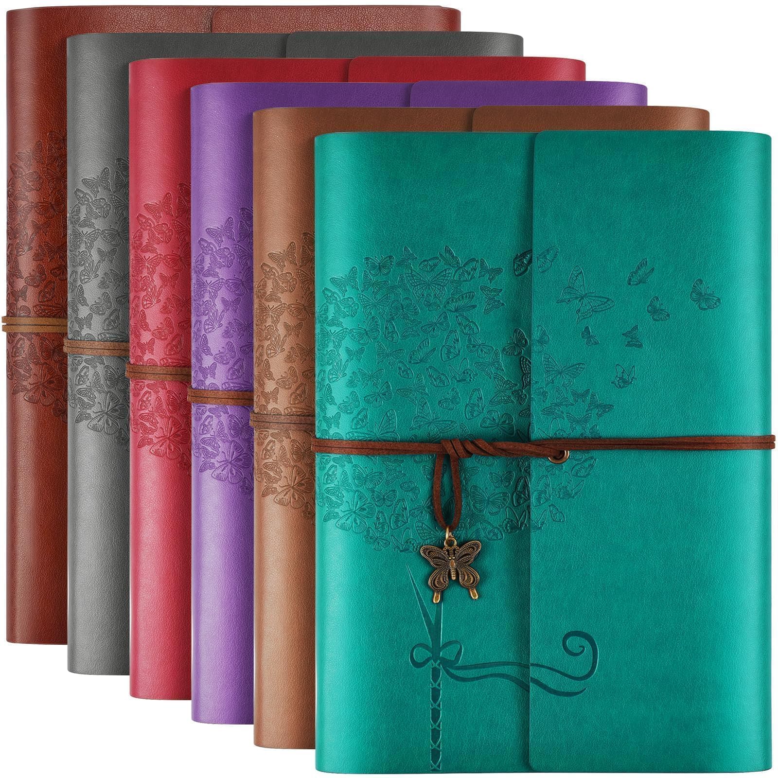 6 Pack Leather Notebook Journal, Travel Journal Bulk, Refillable Vintage Journals for Writing, Diary Gifts for Women, Men, Girls, Boys, 100GSM Lined Paper, Each 160 Pages & 2 Pockets (A5, 9.2" x 6.5")