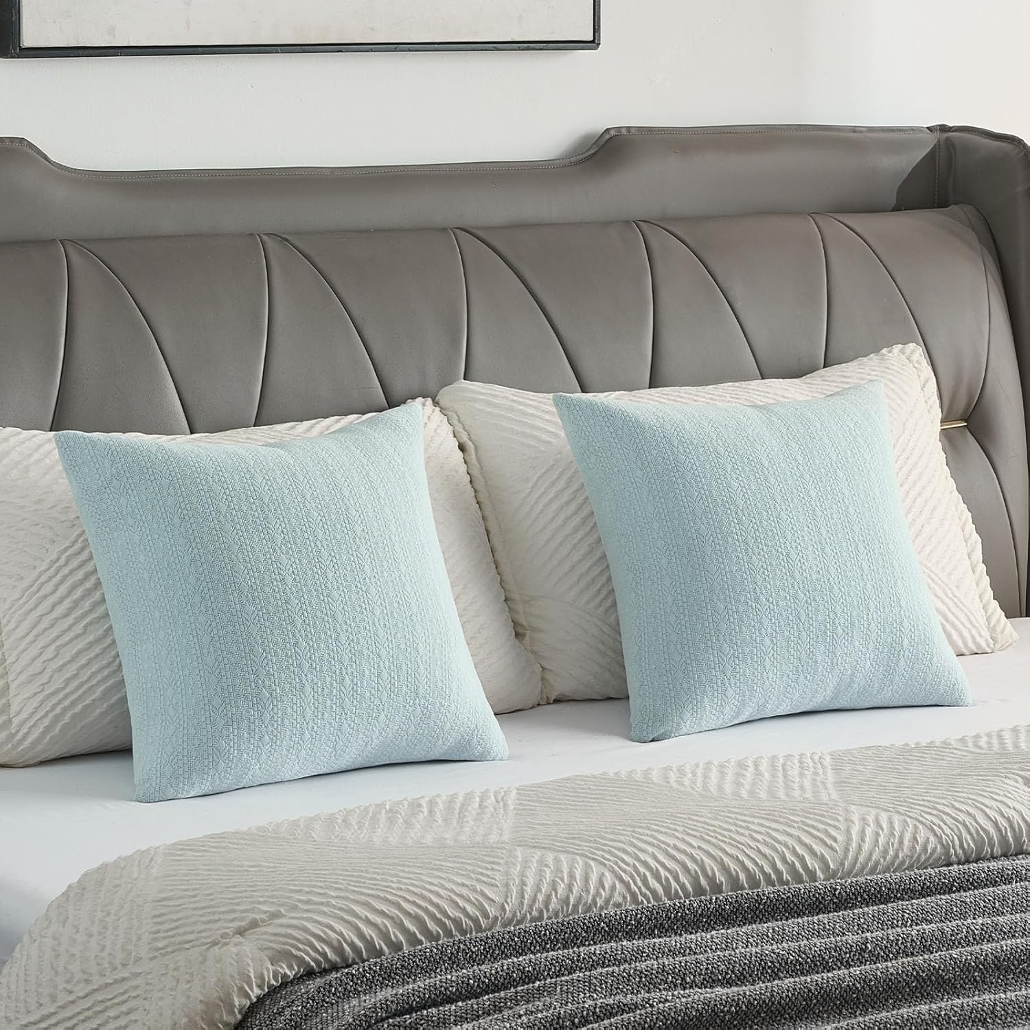 FUTEI Light Blue Chenille Throw Pillow Covers 26x26 Inch Set of 2,Soft Striped & Diamond Textured Euro Pillow Shams,Modern Home Decor for Couch Living Room