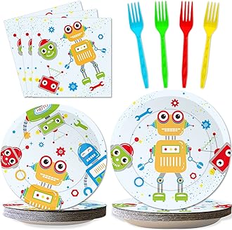 Wiooffen 96pcs Robot Birthday Party Decorations Supplies Paper Plates Napkins Disposable Cake Dessert Tableware Set Robots Theme Baby Shower Favors For Boys Kids, Serve 24