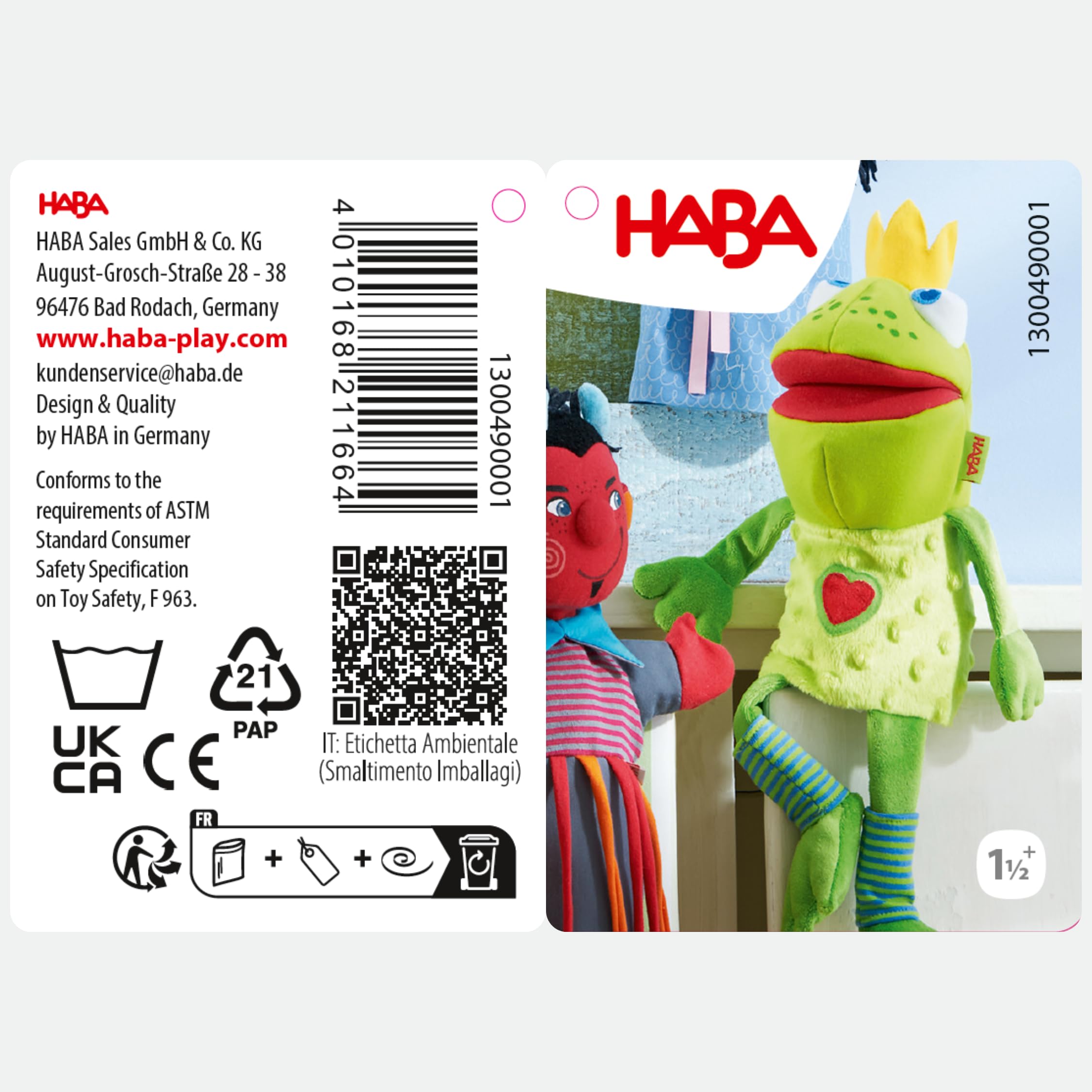 HABA Handpuppe Froschkönig, 26 cm Stoffpuppe mit beweglichem Maul & Knisterfolie, Spielzeug für Rollenspiele & Puppentheater, waschbar, ab 18 Monaten - 1301263001