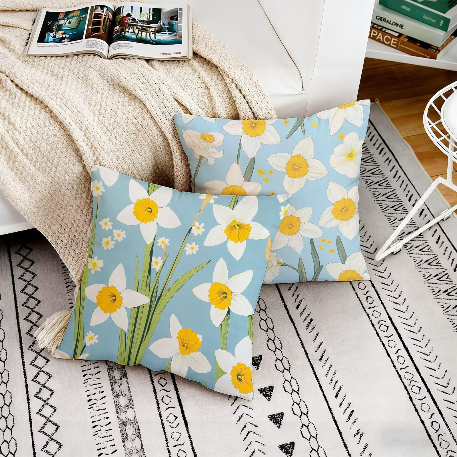 Set di 2 Federe Cuscini 75x75, Impermeabili in Lino con Motivo Mobili Double Face, Decorazioni Pasqua Copricuscini con Cerniera Nascosta, per Giardino e Soggiorno, Terrazzo Decor Bianco M-w-2740