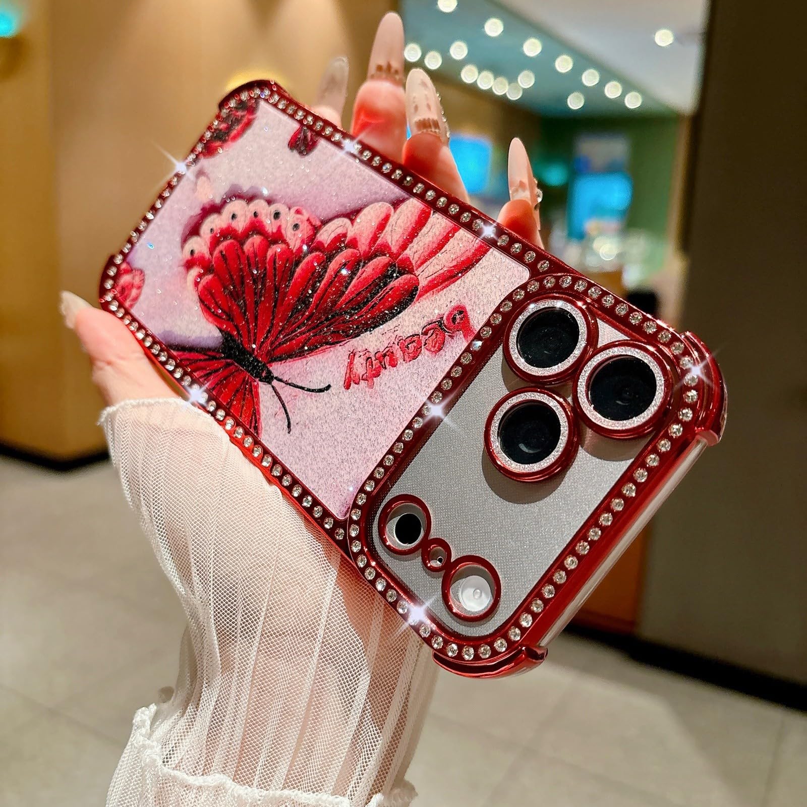Generic Funda compatible con iPhone 17 (patrón: mariposa roja) con purpurina, carcasa de silicona dura para lente de cámara