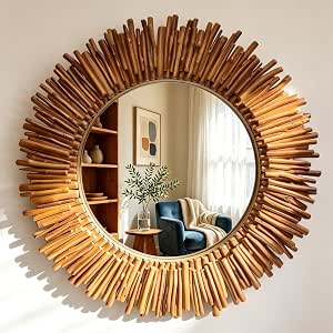 24 Inch Round Wall Mirror with Natural Wooden Stick Frame - Bohemian Sunburst Decor for Living Room, Bedroom, Bathroom, Entryway
