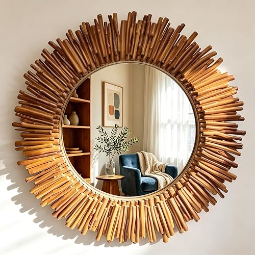 24 Inch Round Wall Mirror, Bohemian Sunburst Wall Mirror with